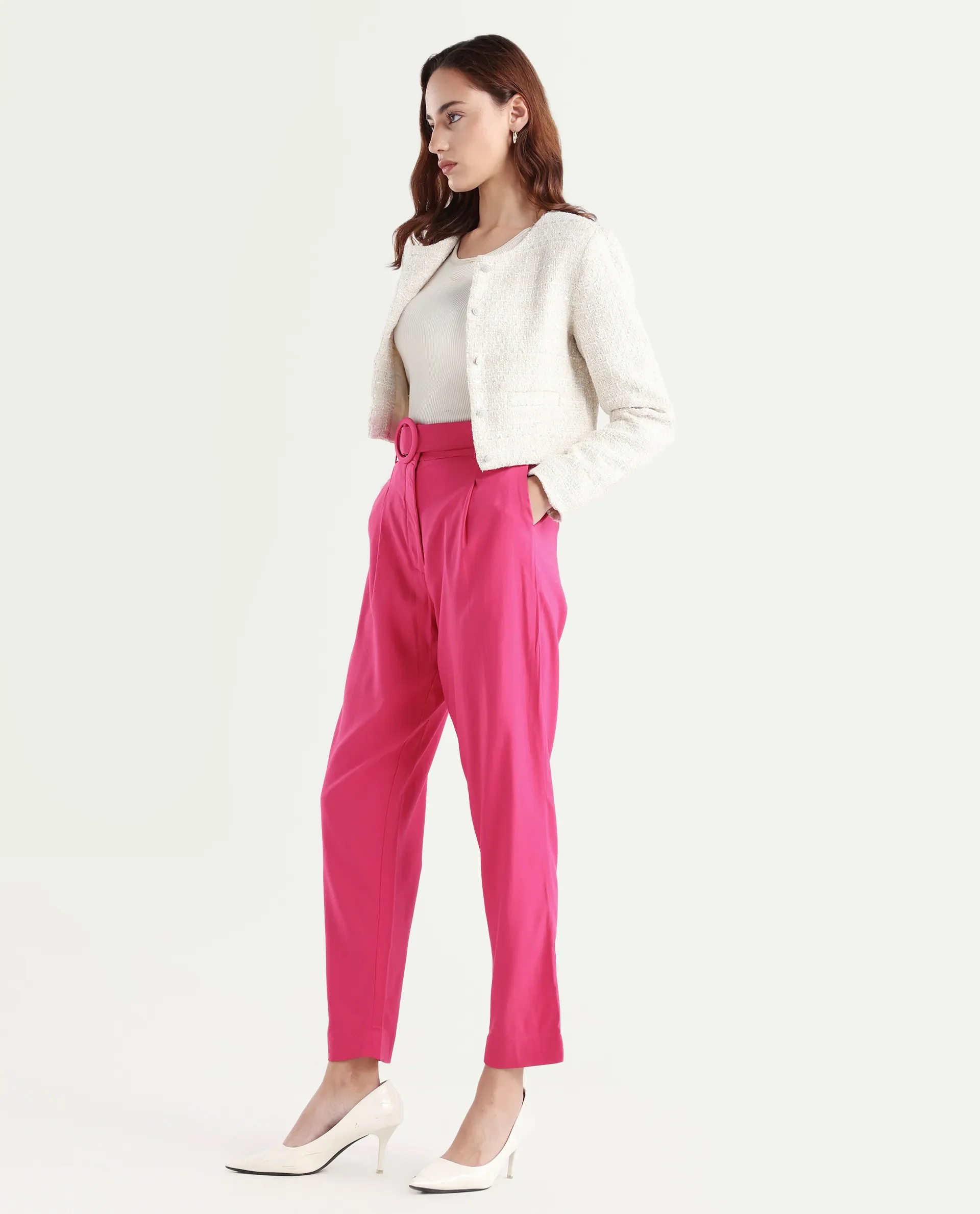 Rareism Women's Rachel Pink Polyester Blend Plain Ankle Length Tailored Trouser - Image 4