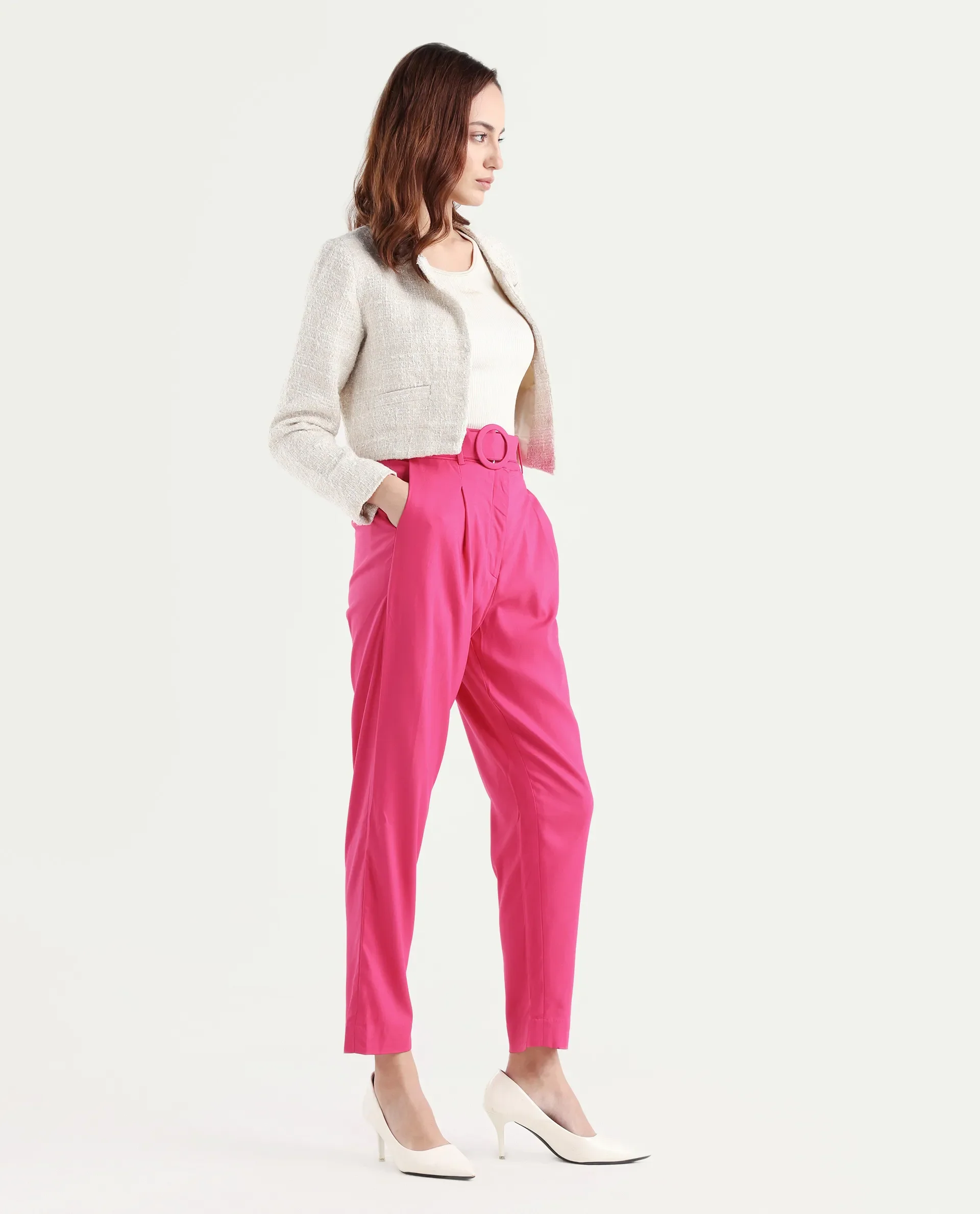 Rareism Women's Rachel Pink Polyester Blend Plain Ankle Length Tailored Trouser - Image 5