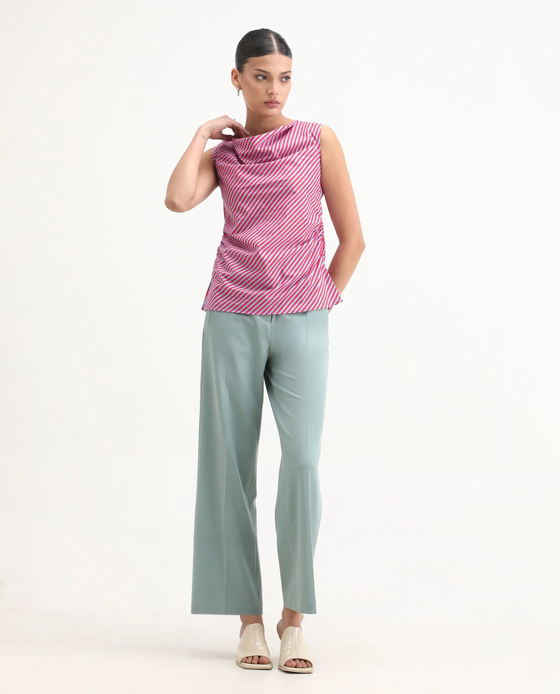 Rareism Women's Radar Light Blue Cotton Cowl Neck Striped Sleeveless Regular Fit Top - Image 2