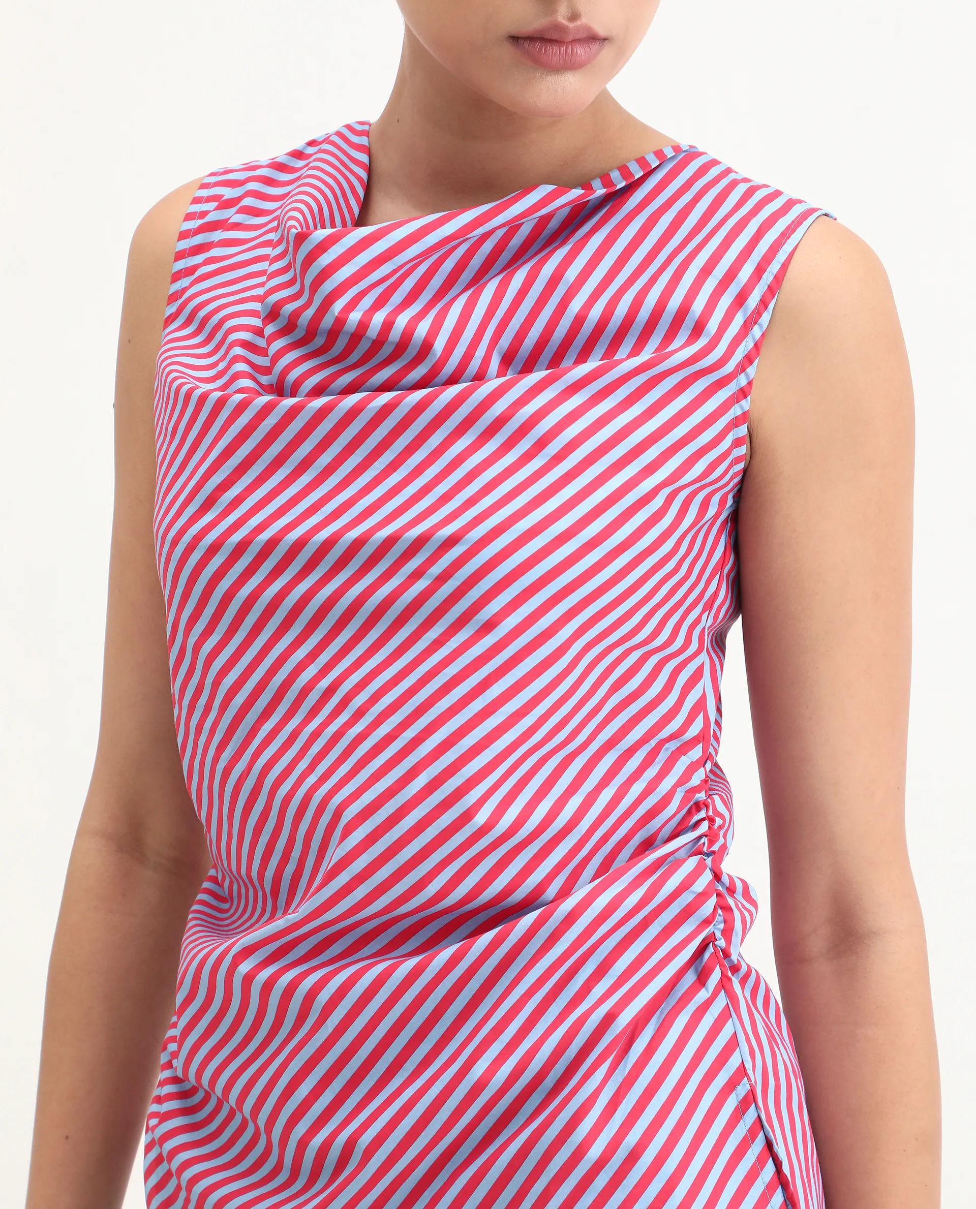 Rareism Women's Radar Light Blue Cotton Cowl Neck Striped Sleeveless Regular Fit Top - Image 3