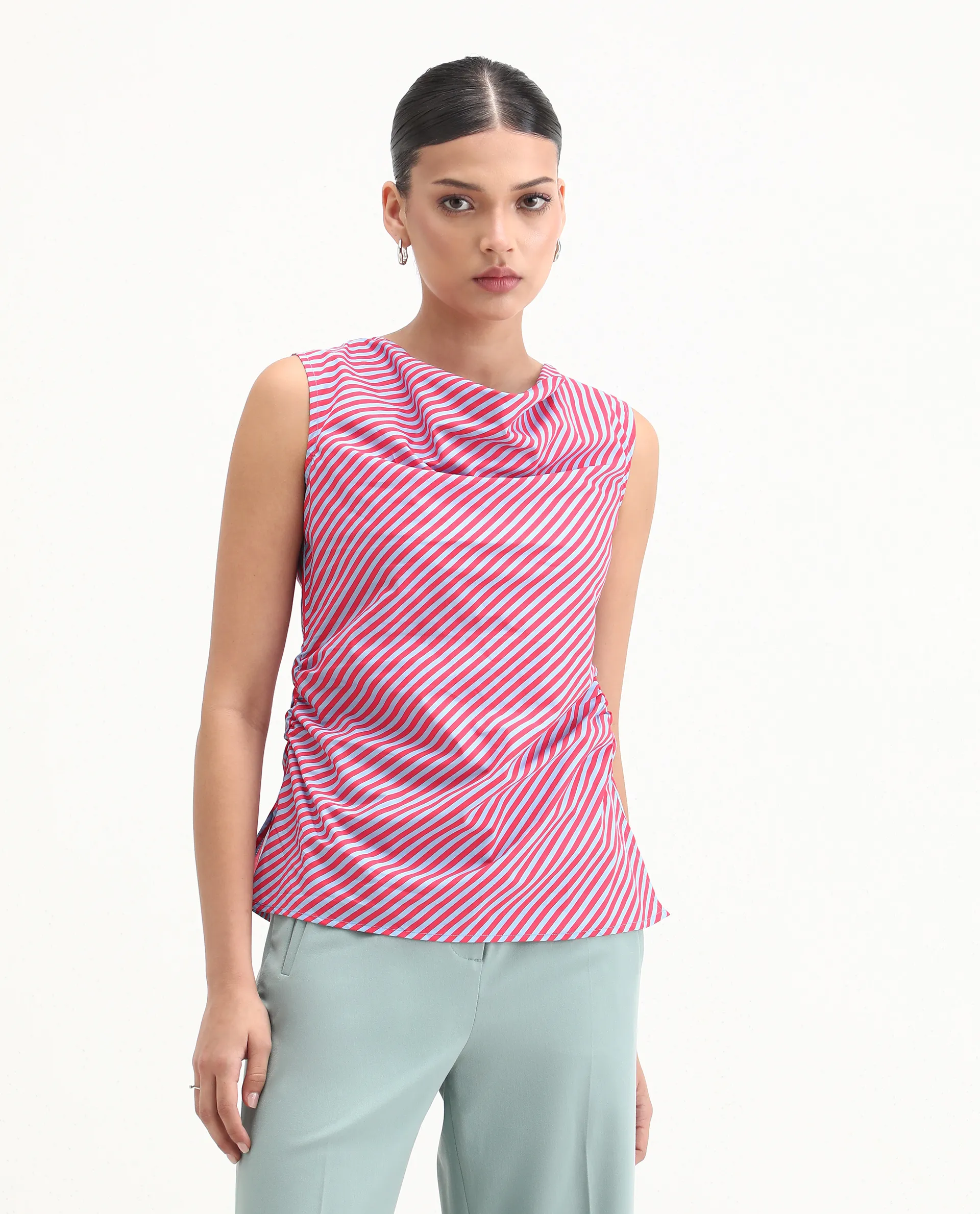 Rareism Women's Radar Light Blue Cotton Cowl Neck Striped Sleeveless Regular Fit Top - Image 4