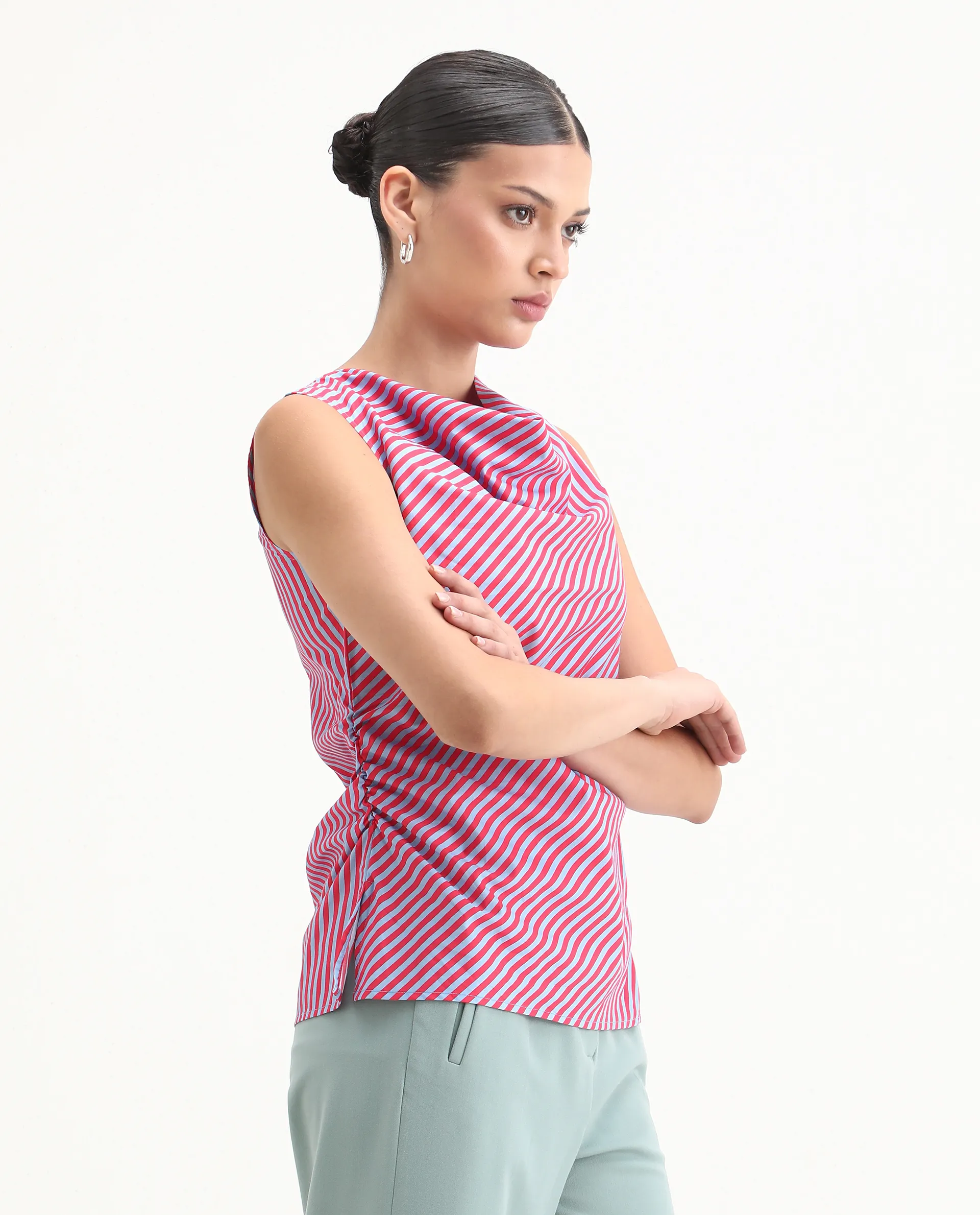 Rareism Women's Radar Light Blue Cotton Cowl Neck Striped Sleeveless Regular Fit Top - Image 5