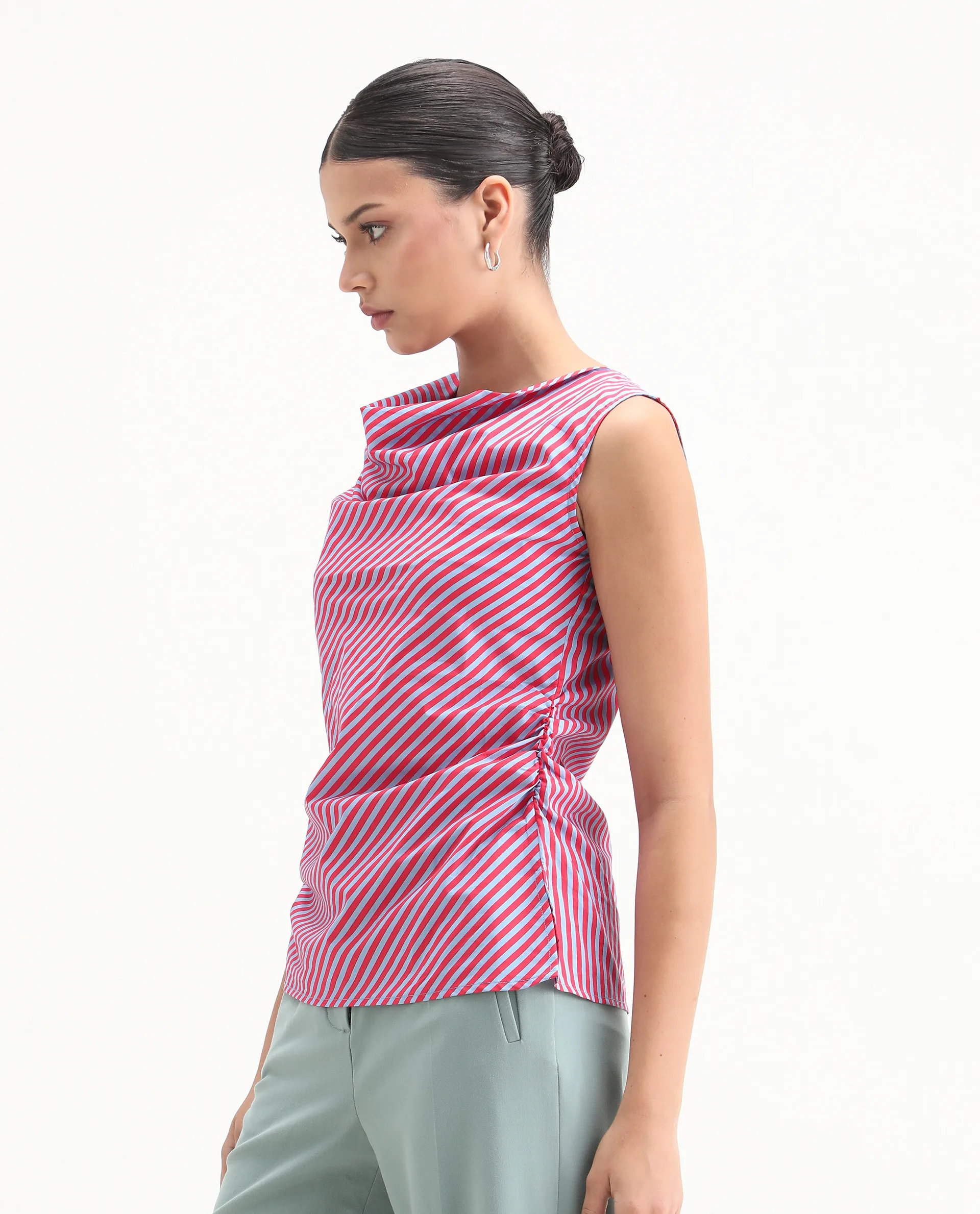Rareism Women's Radar Light Blue Cotton Cowl Neck Striped Sleeveless Regular Fit Top - Image 6