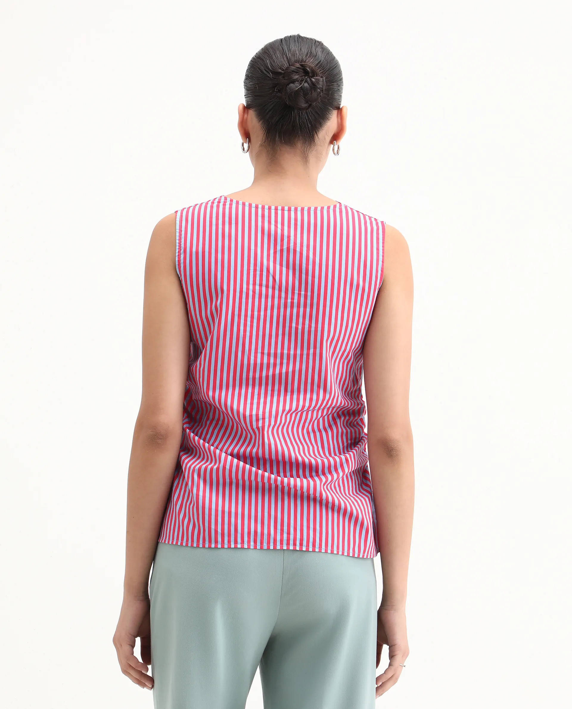 Rareism Women's Radar Light Blue Cotton Cowl Neck Striped Sleeveless Regular Fit Top - Image 7