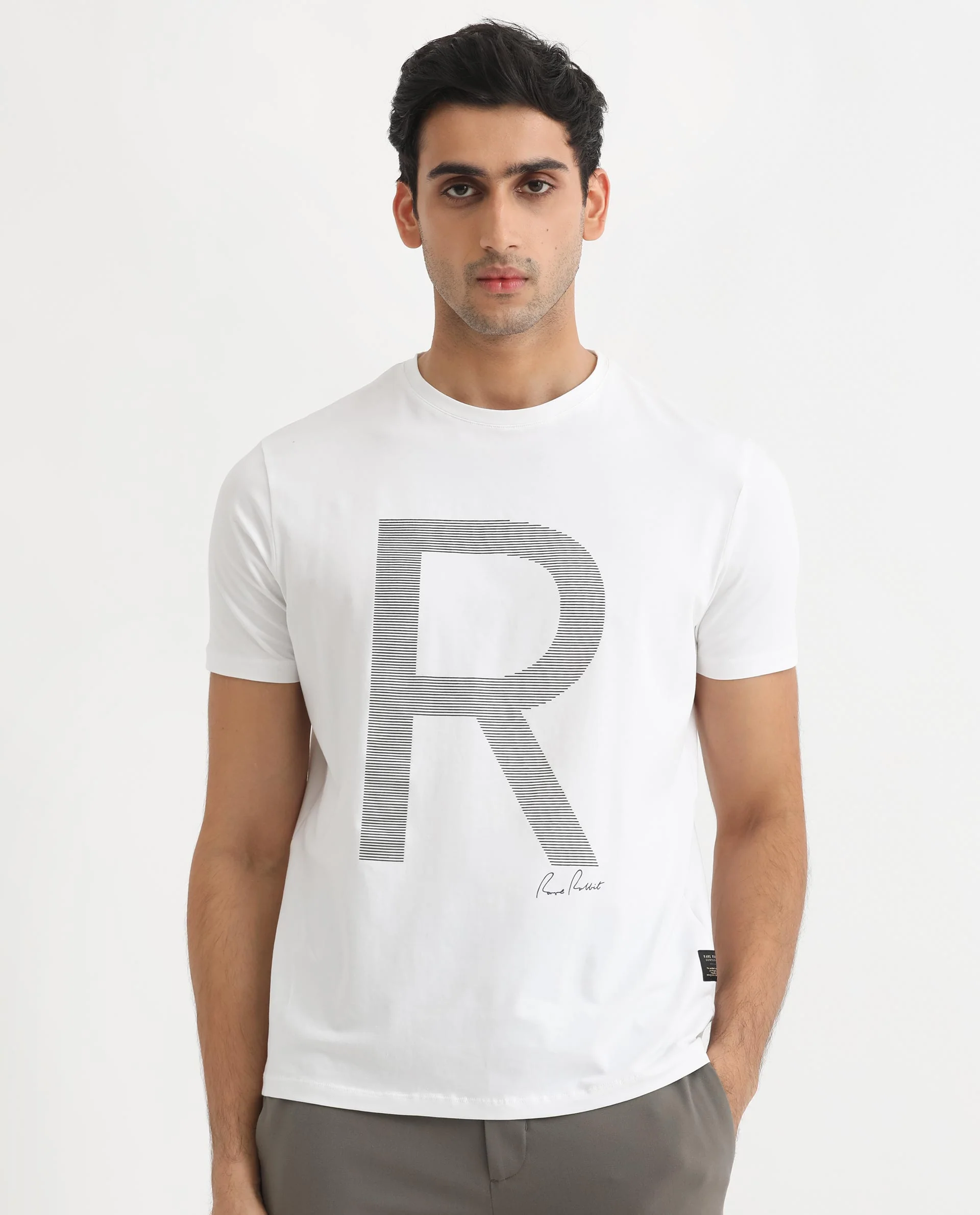 Rare Rabbit Men's Radd White Cotton Graphic Print Regular Fit Half Sleeve Crew Neck T-Shirt - Image 2