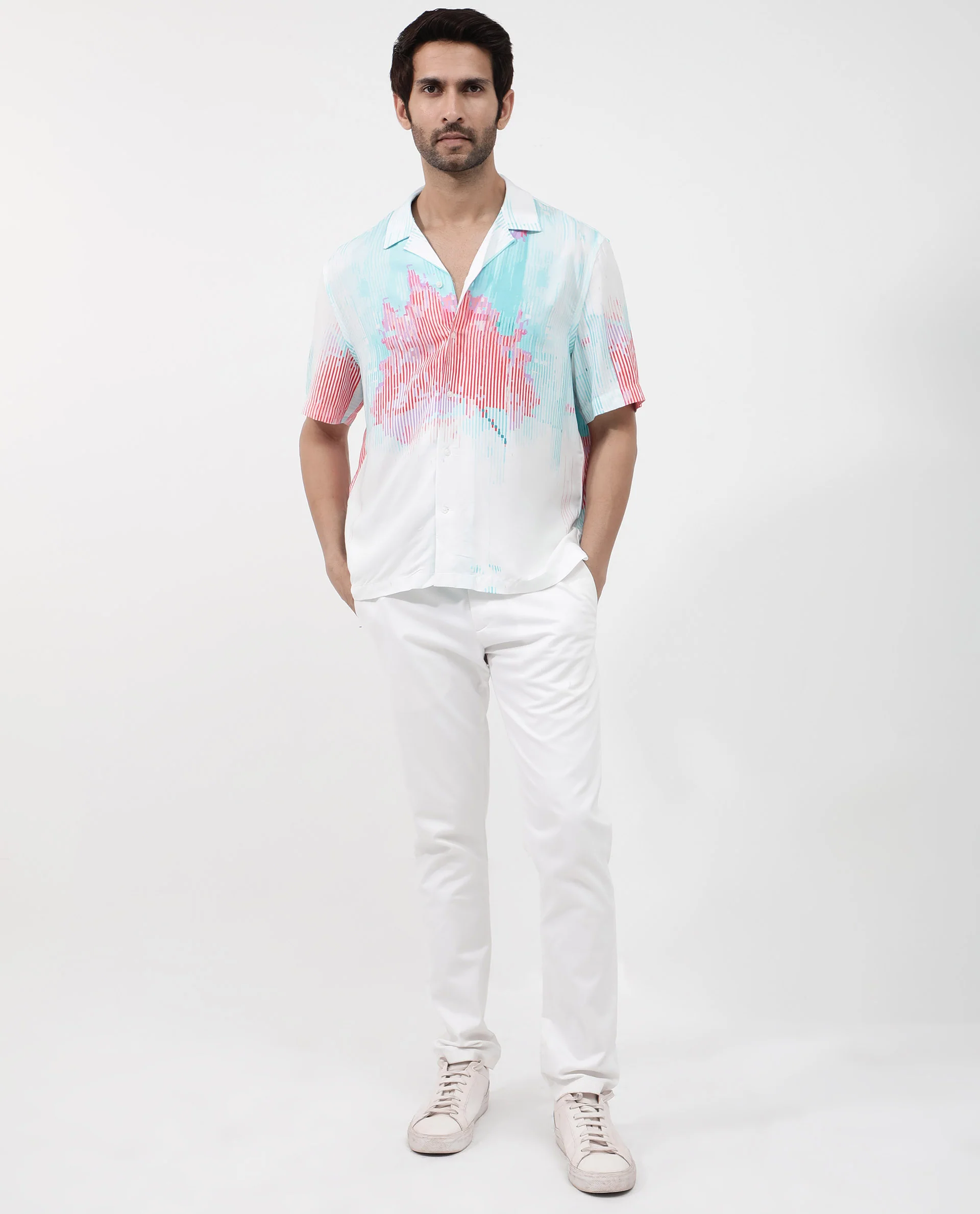 Rare Rabbit Men's Radet White Viscose Abstract Print Boxy Fit Half Sleeve Cuban Collar Shirt - Image 2