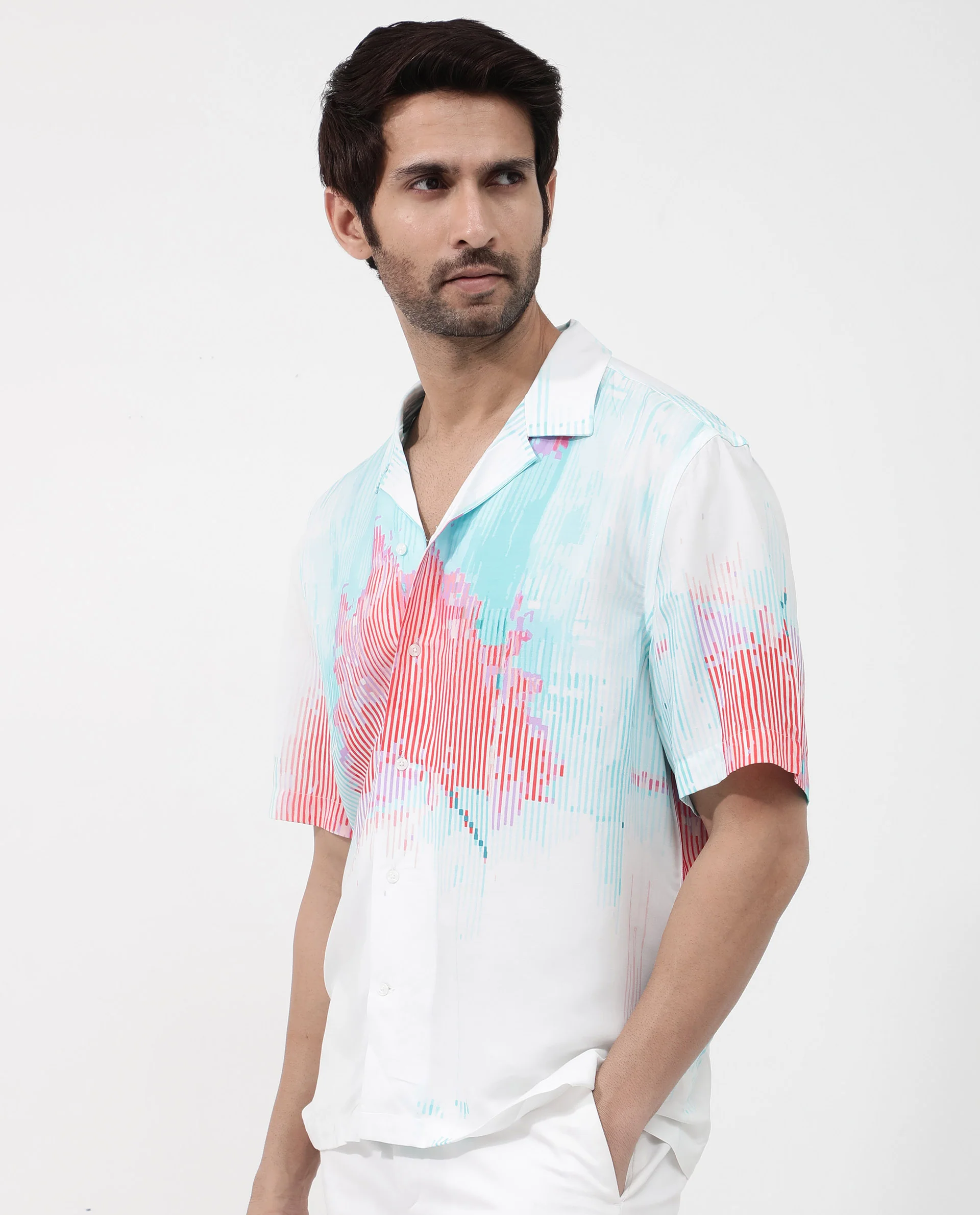 Rare Rabbit Men's Radet White Viscose Abstract Print Boxy Fit Half Sleeve Cuban Collar Shirt - Image 3