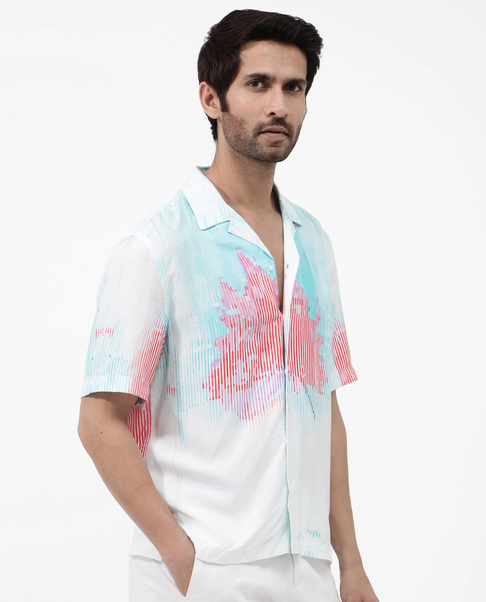 Rare Rabbit Men's Radet White Viscose Abstract Print Boxy Fit Half Sleeve Cuban Collar Shirt - Image 7