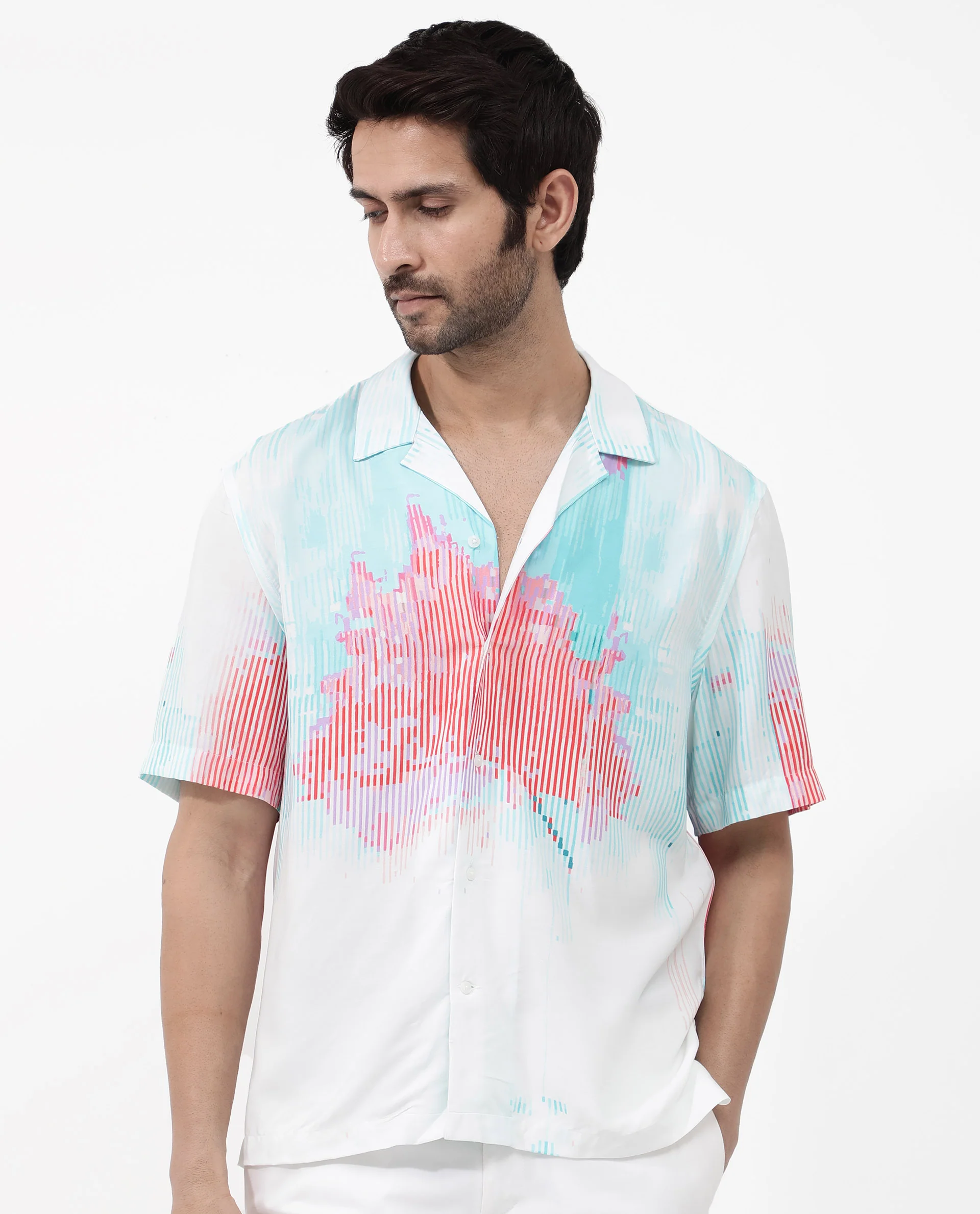 Rare Rabbit Men's Radet White Viscose Abstract Print Boxy Fit Half Sleeve Cuban Collar Shirt - Image 8