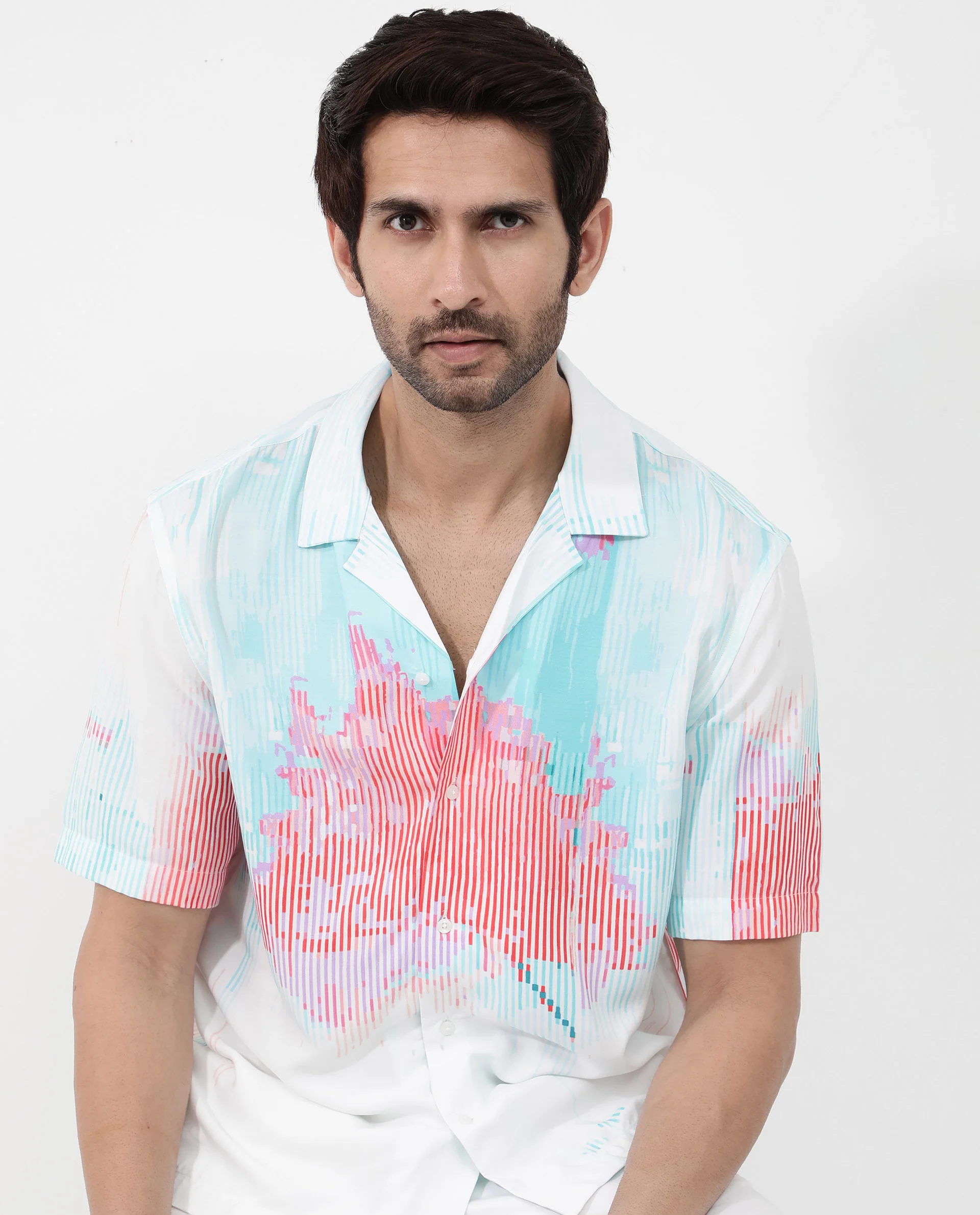 Rare Rabbit Men's Radet White Viscose Abstract Print Boxy Fit Half Sleeve Cuban Collar Shirt - Image 9
