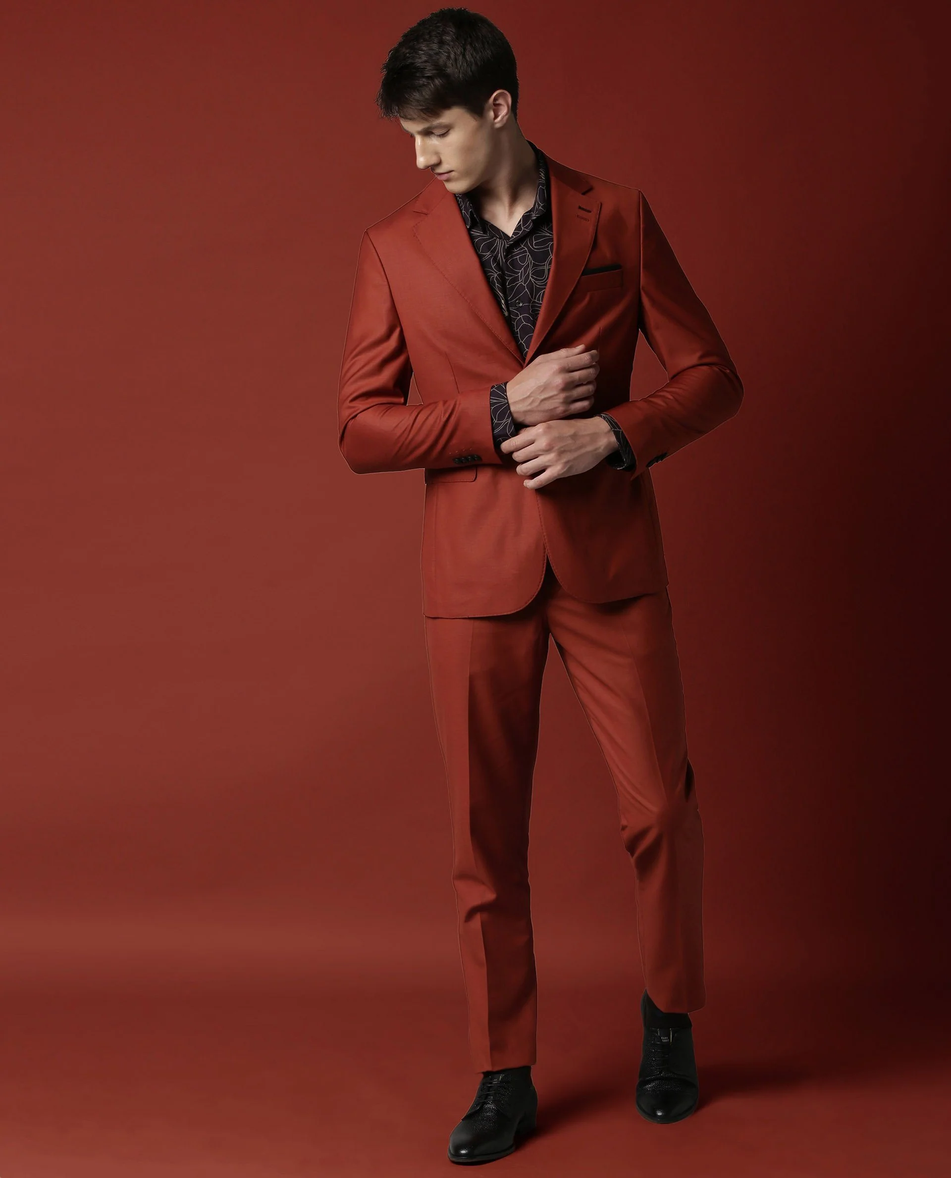 Rare Rabbit Men's Radiant Rust Polyester Plain Tailored Fit Full Sleeve Lapel Neck Blazer - Image 2