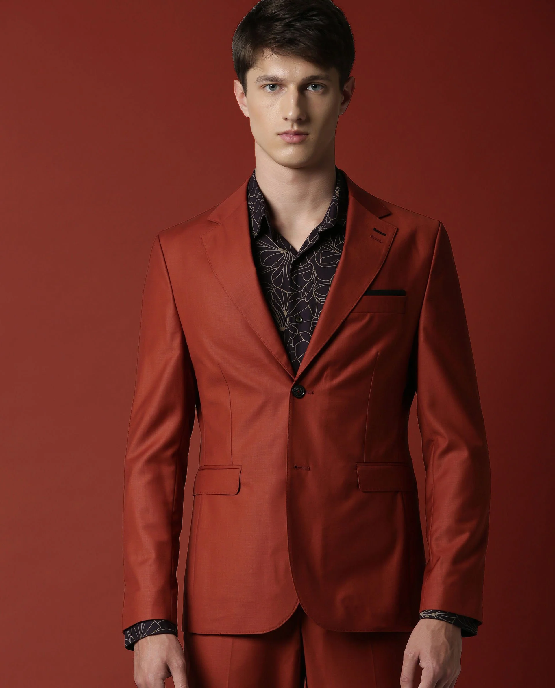 Rare Rabbit Men's Radiant Rust Polyester Plain Tailored Fit Full Sleeve Lapel Neck Blazer - Image 3
