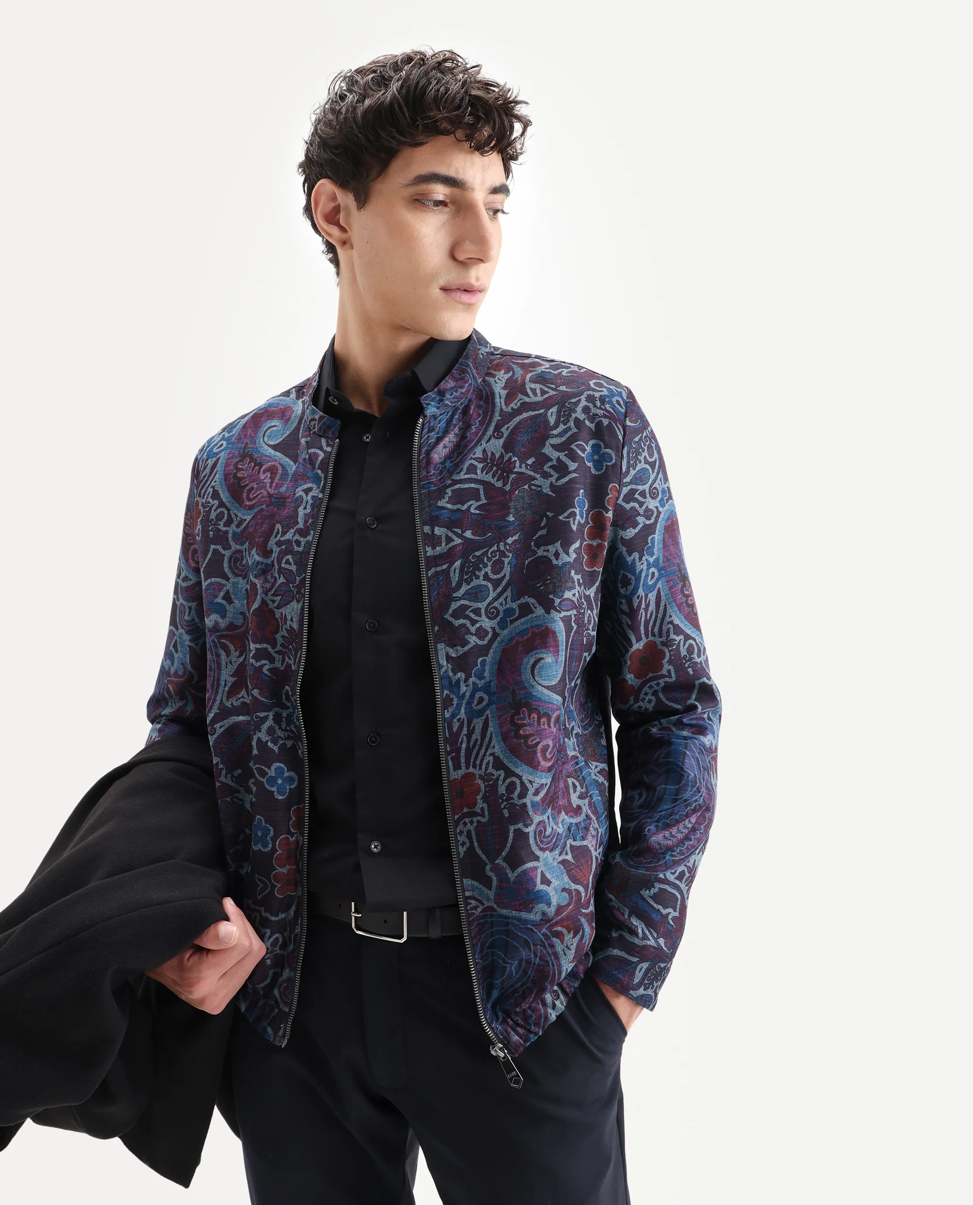 Rare Rabbit Men's Radio Dark Purple Polyester Paisley Print Regular Fit Full Sleeve Mandarin Collar Jacket