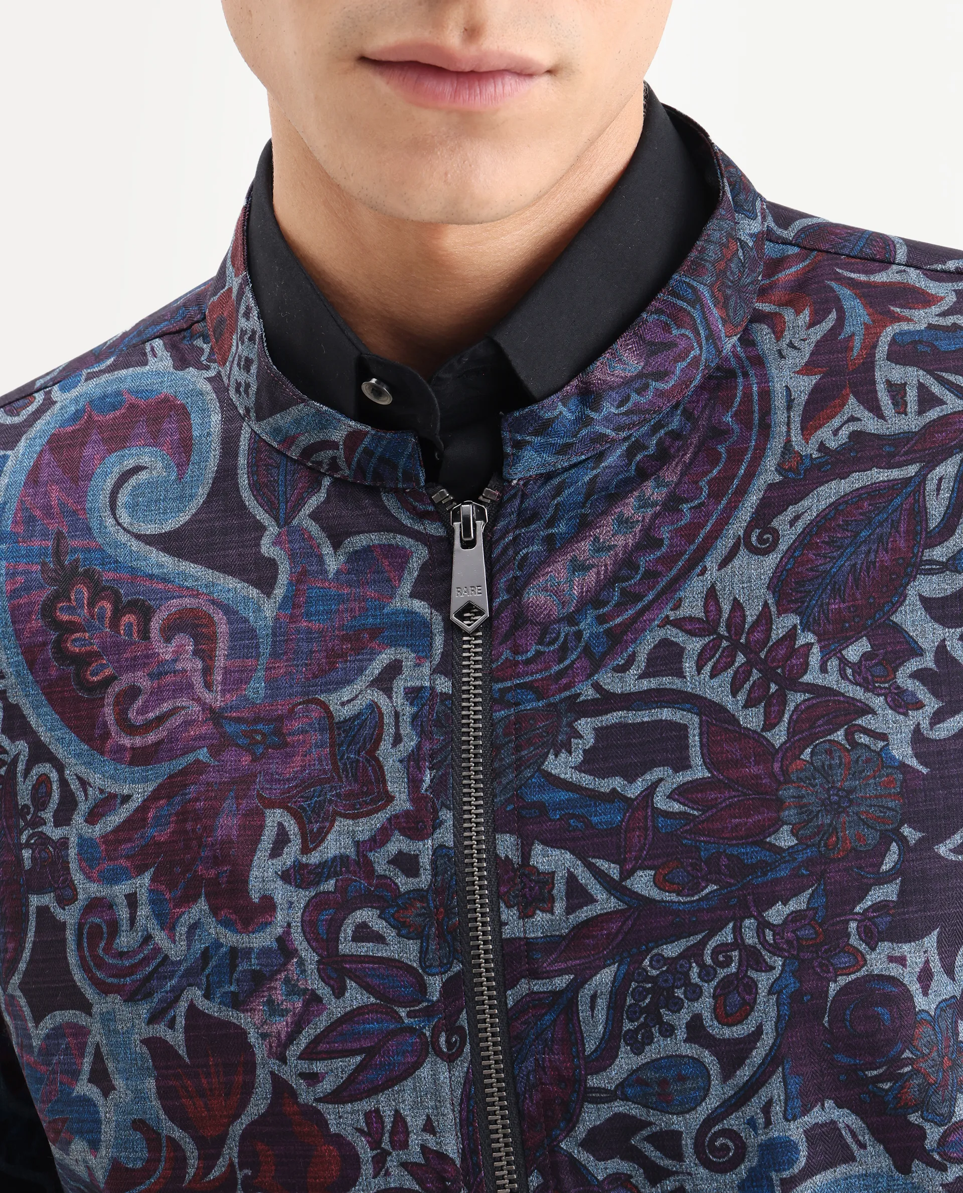 Rare Rabbit Men's Radio Dark Purple Polyester Paisley Print Regular Fit Full Sleeve Mandarin Collar Jacket - Image 3