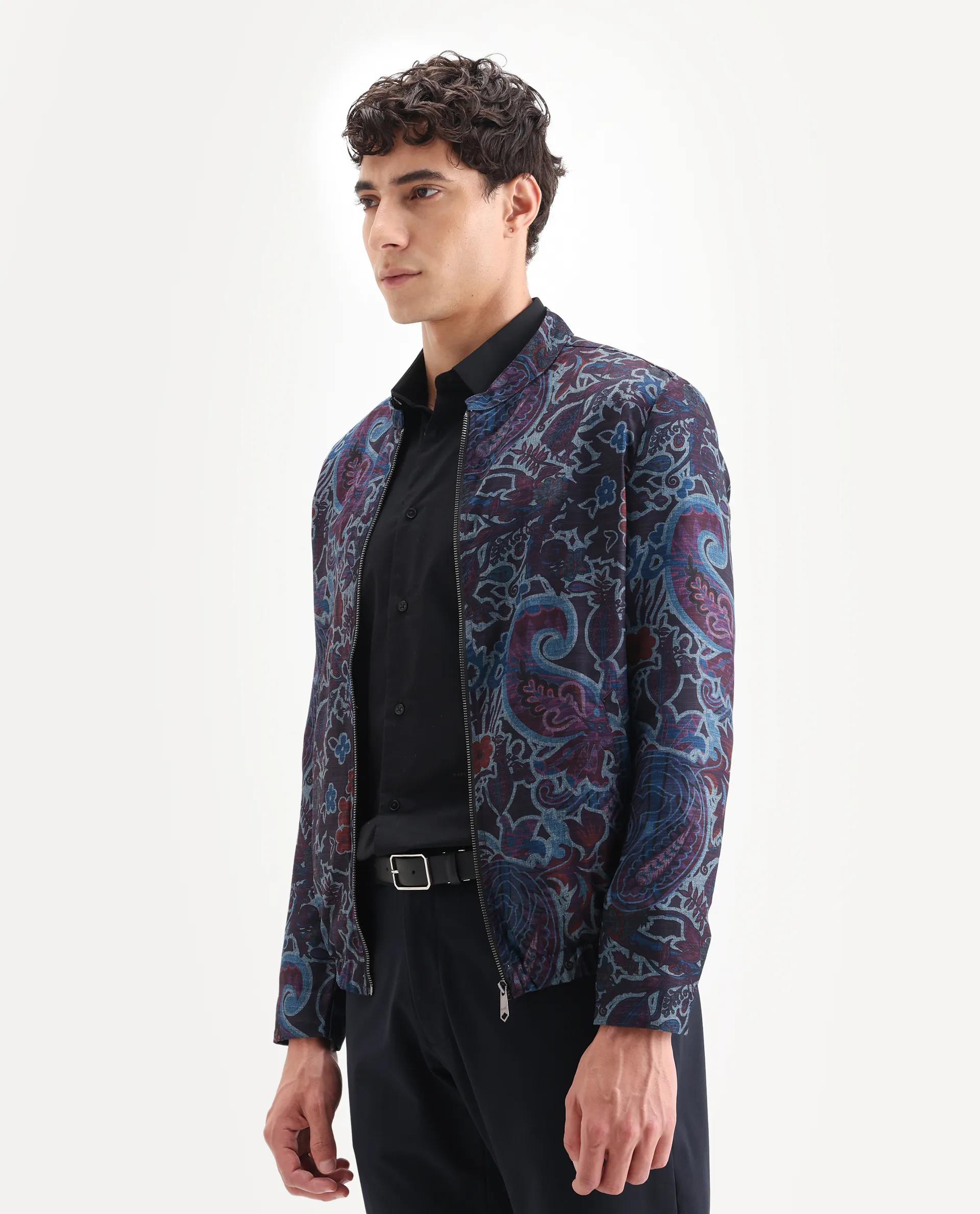 Rare Rabbit Men's Radio Dark Purple Polyester Paisley Print Regular Fit Full Sleeve Mandarin Collar Jacket - Image 5