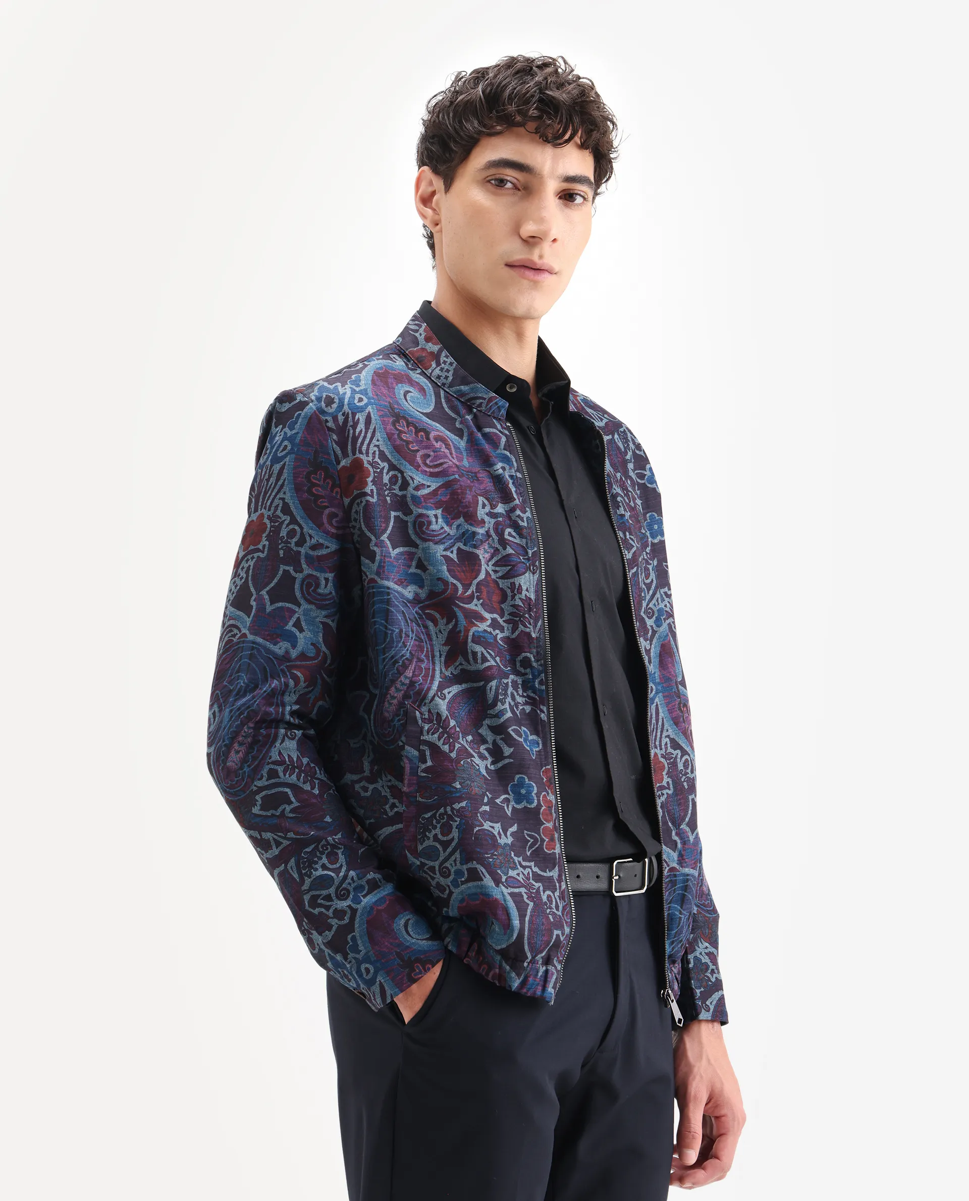 Rare Rabbit Men's Radio Dark Purple Polyester Paisley Print Regular Fit Full Sleeve Mandarin Collar Jacket - Image 6