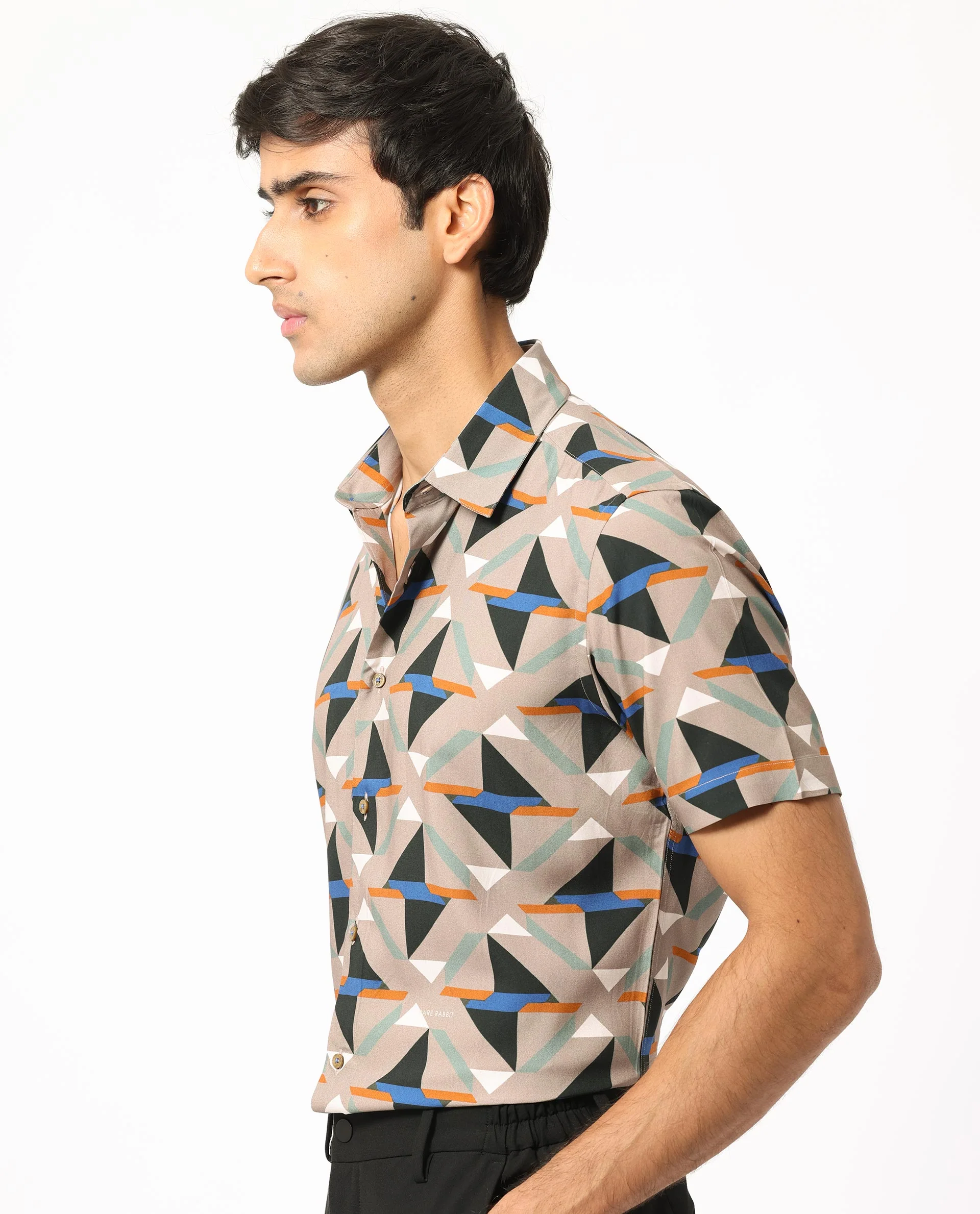 Rare Rabbit Men's Radium Beige Viscose Geometric Print Regular Fit Half Sleeve Collared Shirt - Image 3