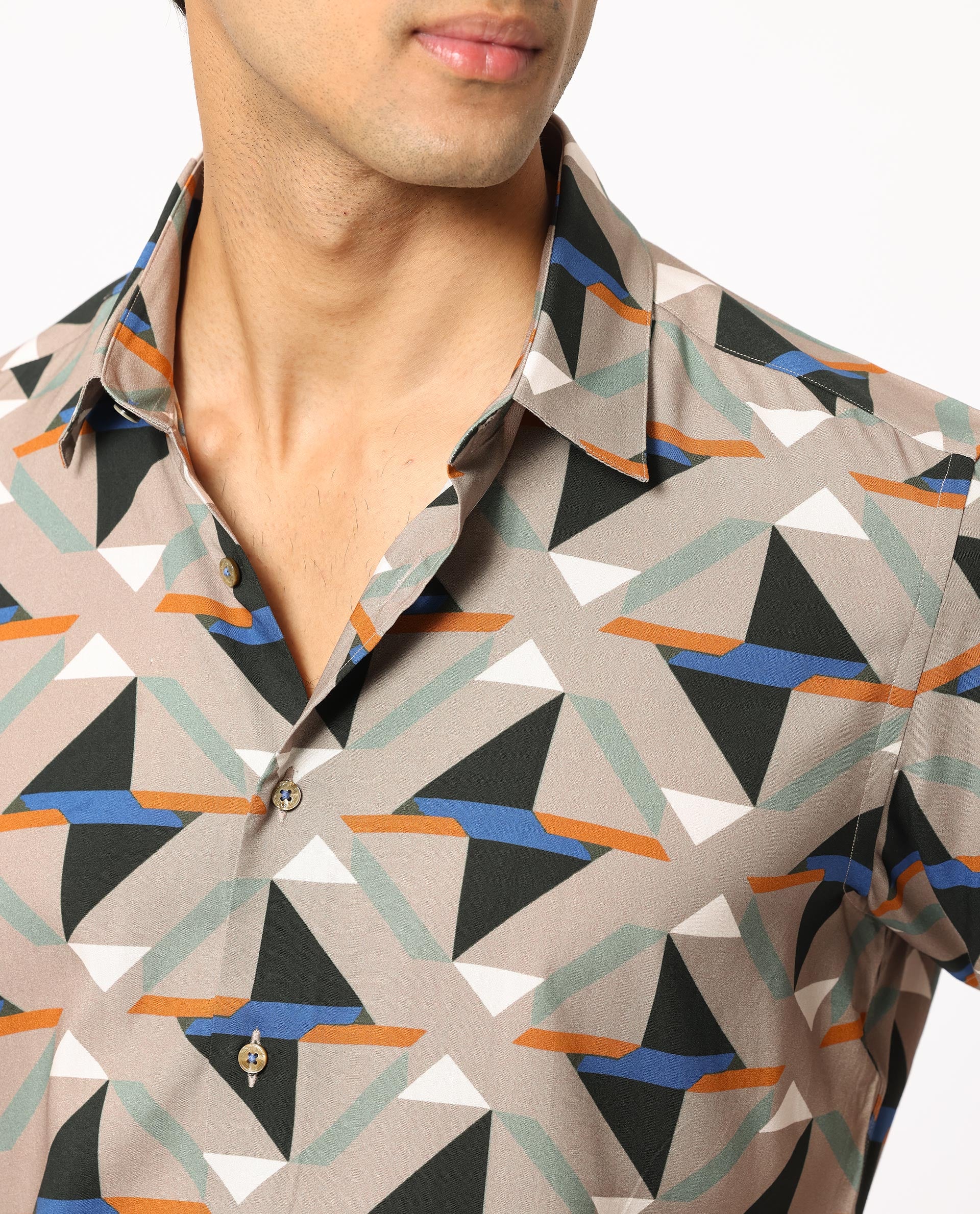 Rare Rabbit Men's Radium Beige Viscose Geometric Print Regular Fit Half Sleeve Collared Shirt - Image 4