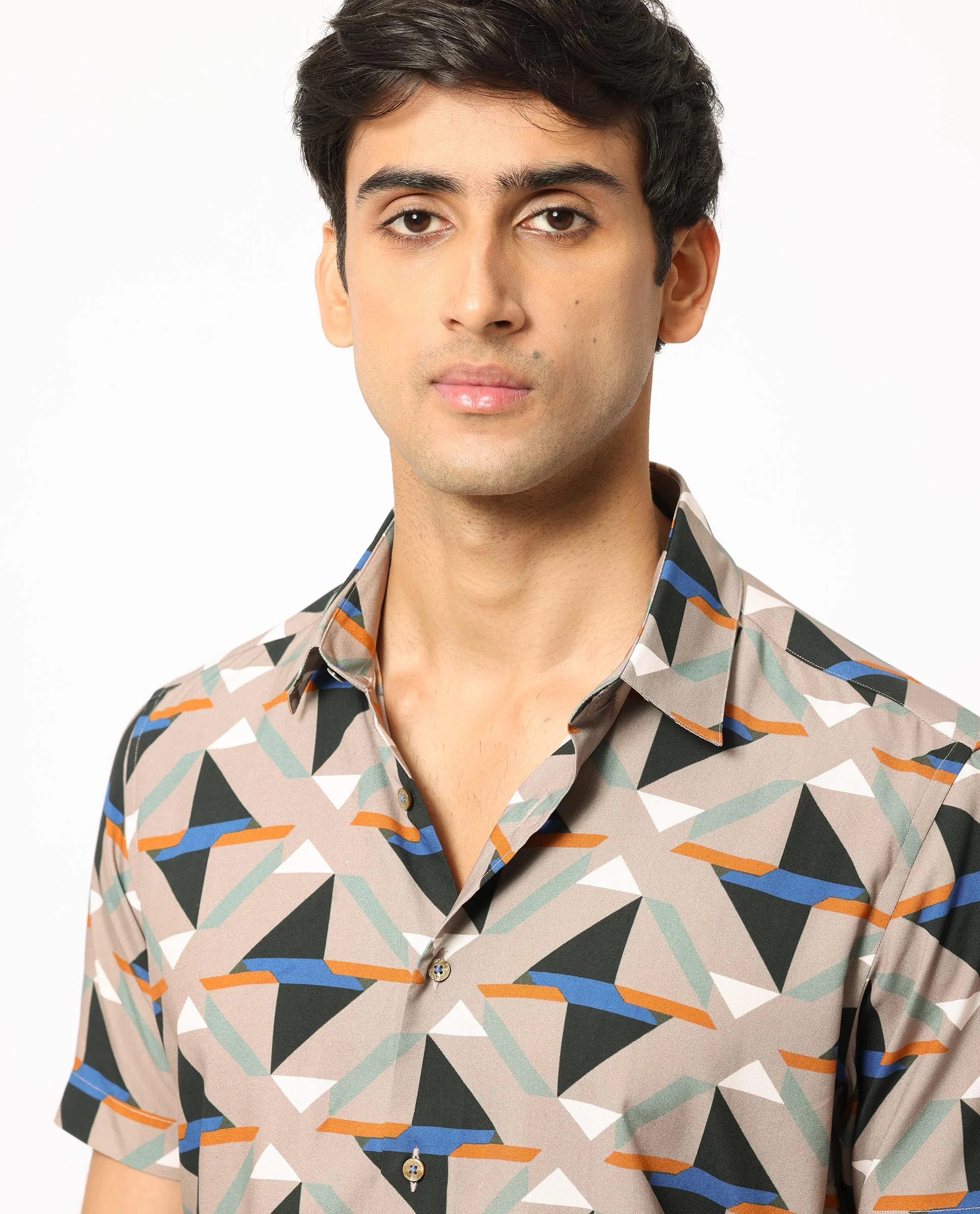 Rare Rabbit Men's Radium Beige Viscose Geometric Print Regular Fit Half Sleeve Collared Shirt - Image 5