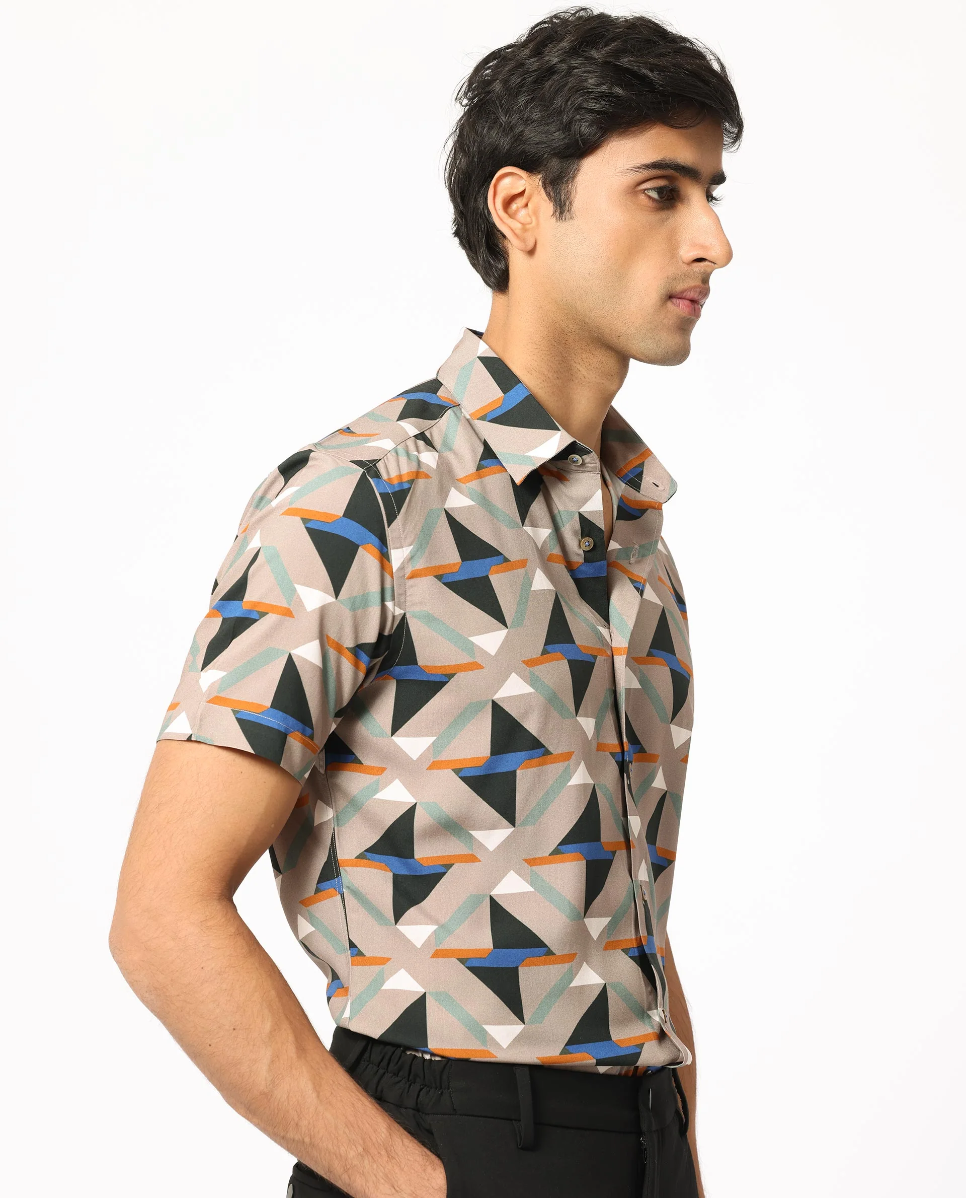 Rare Rabbit Men's Radium Beige Viscose Geometric Print Regular Fit Half Sleeve Collared Shirt - Image 6