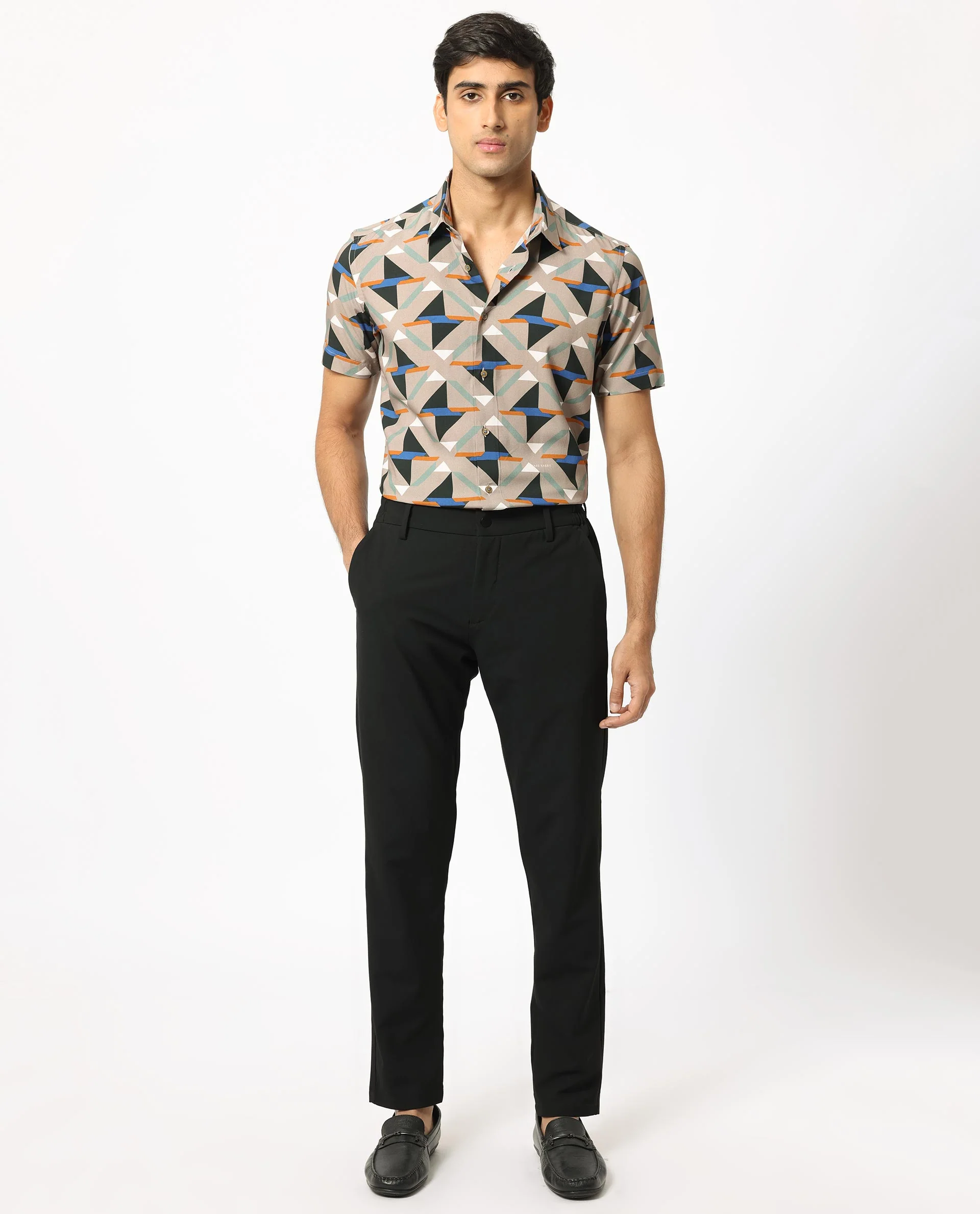 Rare Rabbit Men's Radium Beige Viscose Geometric Print Regular Fit Half Sleeve Collared Shirt - Image 7