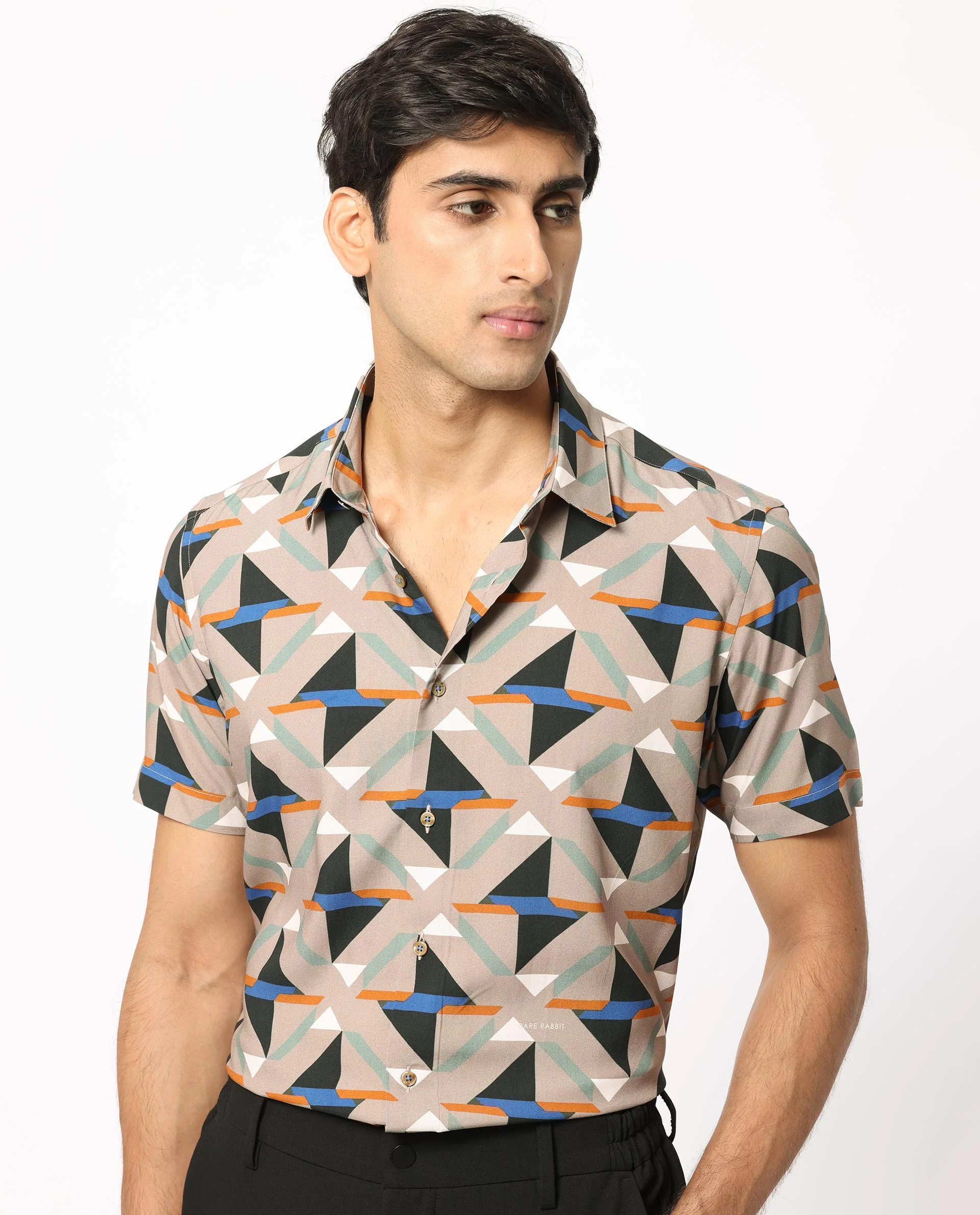 Rare Rabbit Men's Radium Beige Viscose Geometric Print Regular Fit Half Sleeve Collared Shirt - Image 8