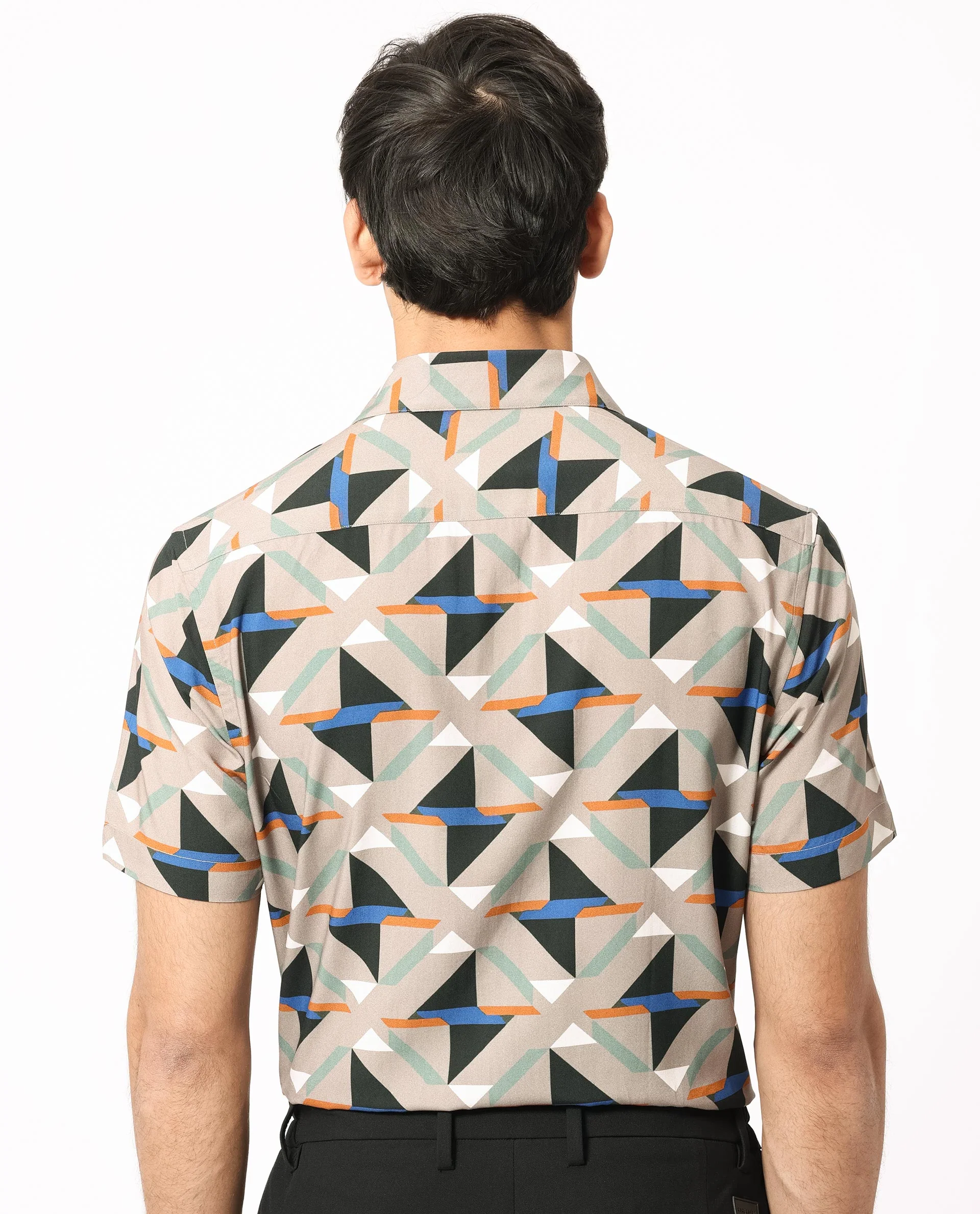 Rare Rabbit Men's Radium Beige Viscose Geometric Print Regular Fit Half Sleeve Collared Shirt - Image 9