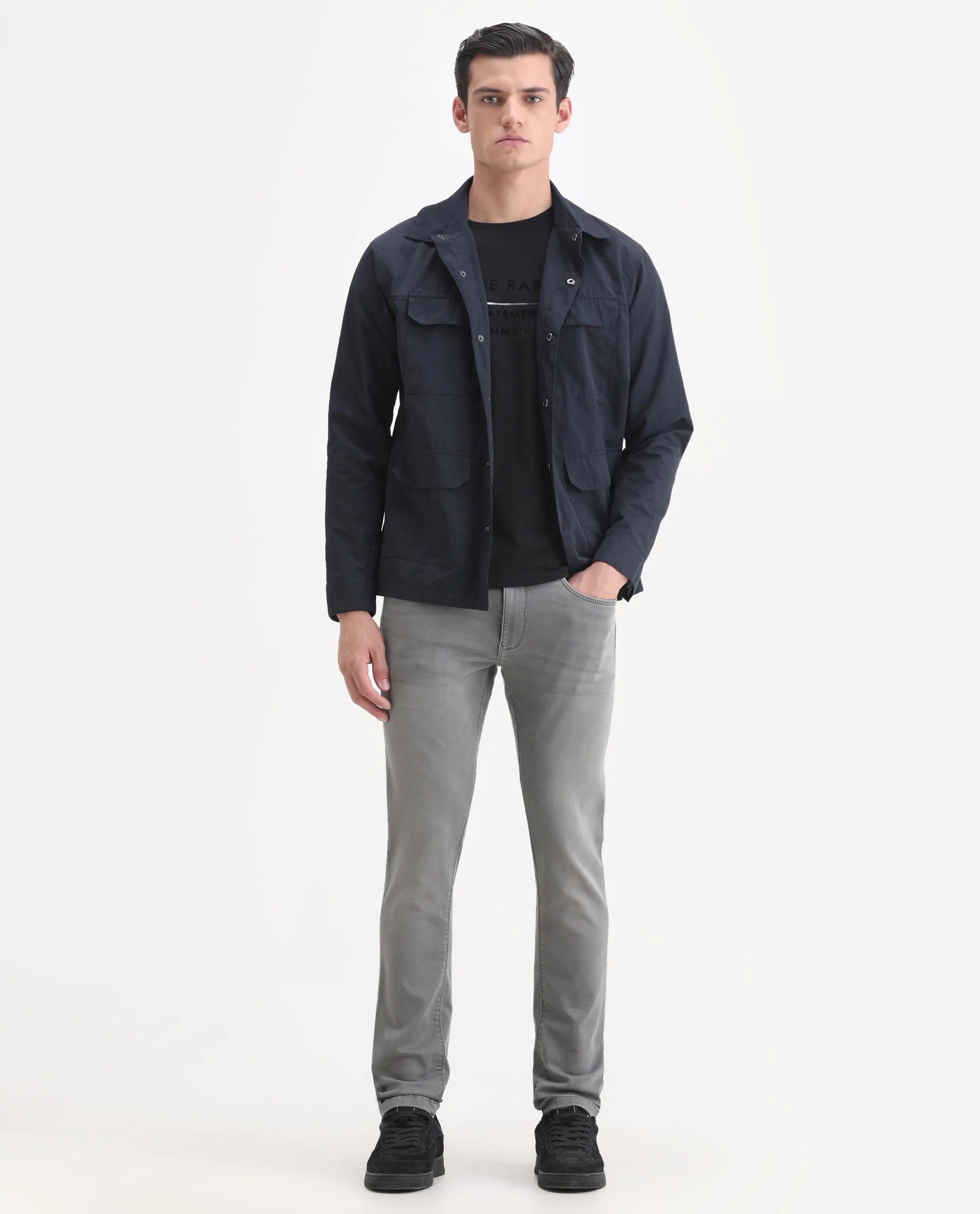 Rare Rabbit Men's Radley Grey Cotton Plain Hawk Slim Fit Jeans