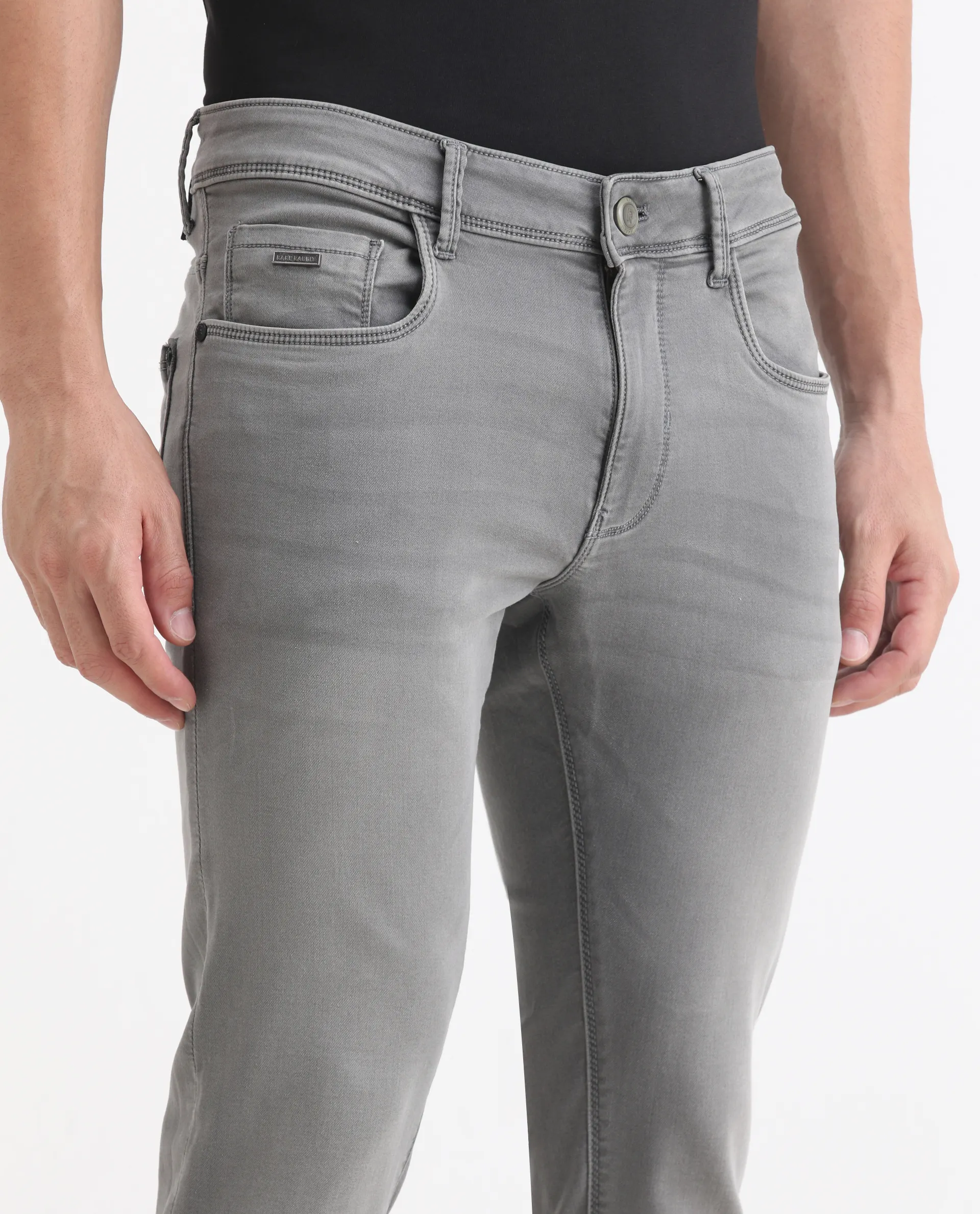 Rare Rabbit Men's Radley Grey Cotton Plain Hawk Slim Fit Jeans - Image 3