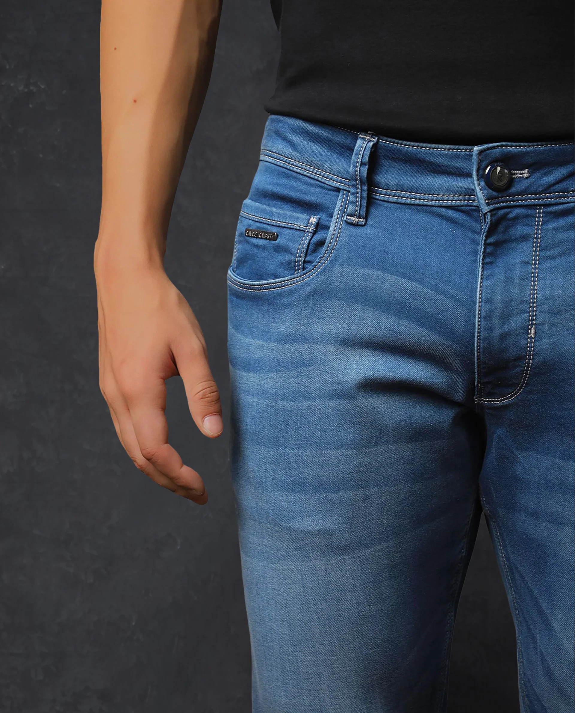 Rare Rabbit Men's Radley Light Blue Cotton Plain Hawk Slim Fit Jeans - Image 4