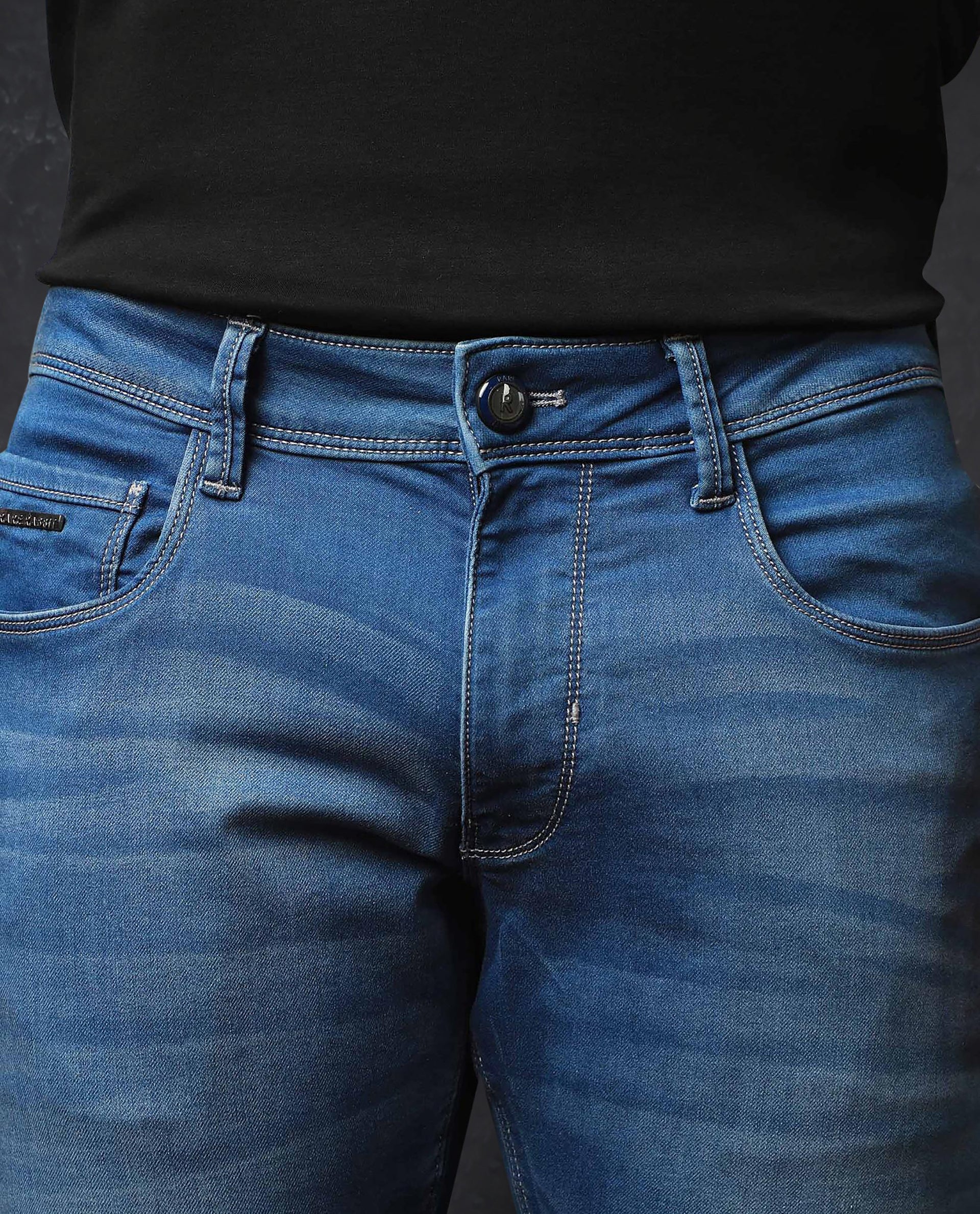 Rare Rabbit Men's Radley Light Blue Cotton Plain Hawk Slim Fit Jeans - Image 5