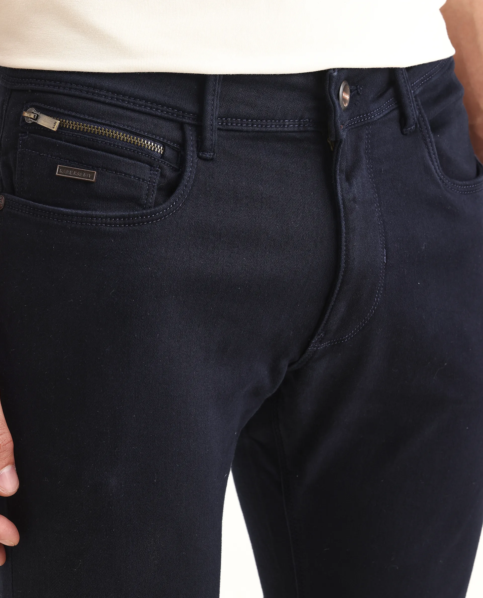Rare Rabbit Men's Radley Navy Cotton Plain Hawk Slim Fit Jeans - Image 3
