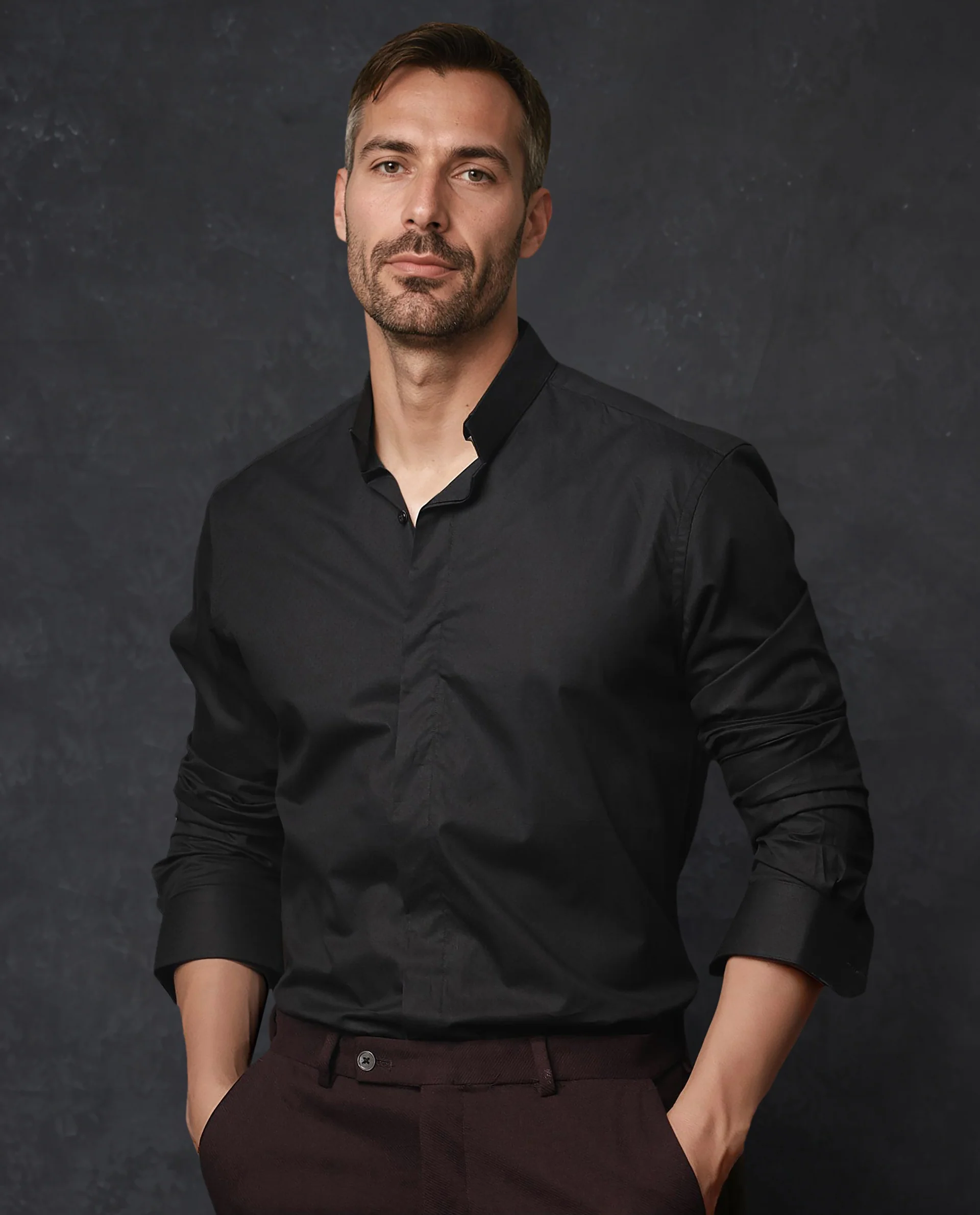 Rare Rabbit Men's Radon Black Cotton Plain Tailored Fit Full Sleeve Mandarin Collar Shirt