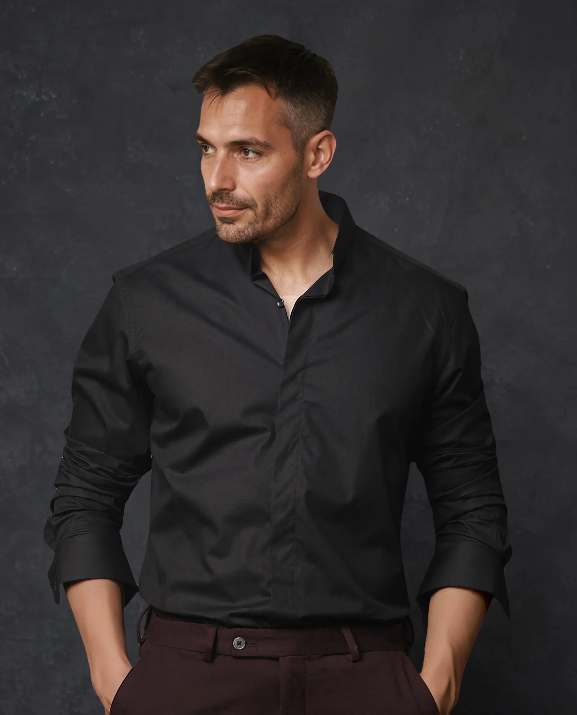 Rare Rabbit Men's Radon Black Cotton Plain Tailored Fit Full Sleeve Mandarin Collar Shirt - Image 3