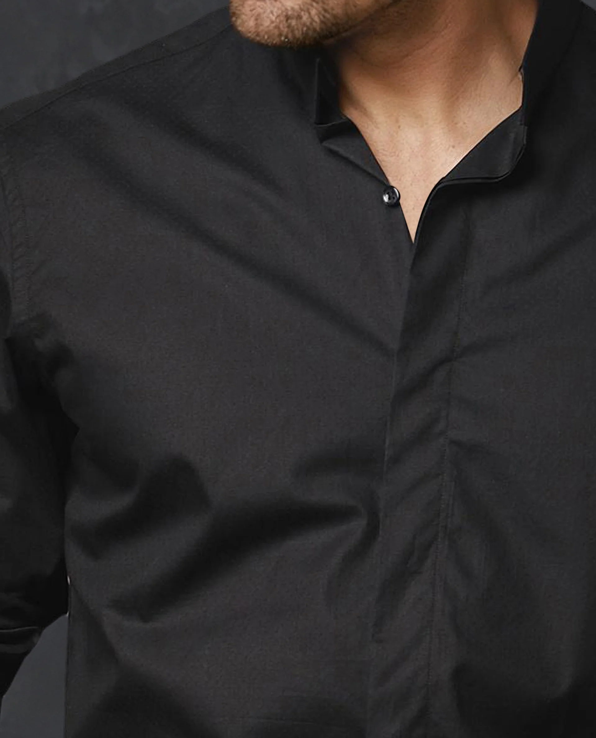 Rare Rabbit Men's Radon Black Cotton Plain Tailored Fit Full Sleeve Mandarin Collar Shirt - Image 4