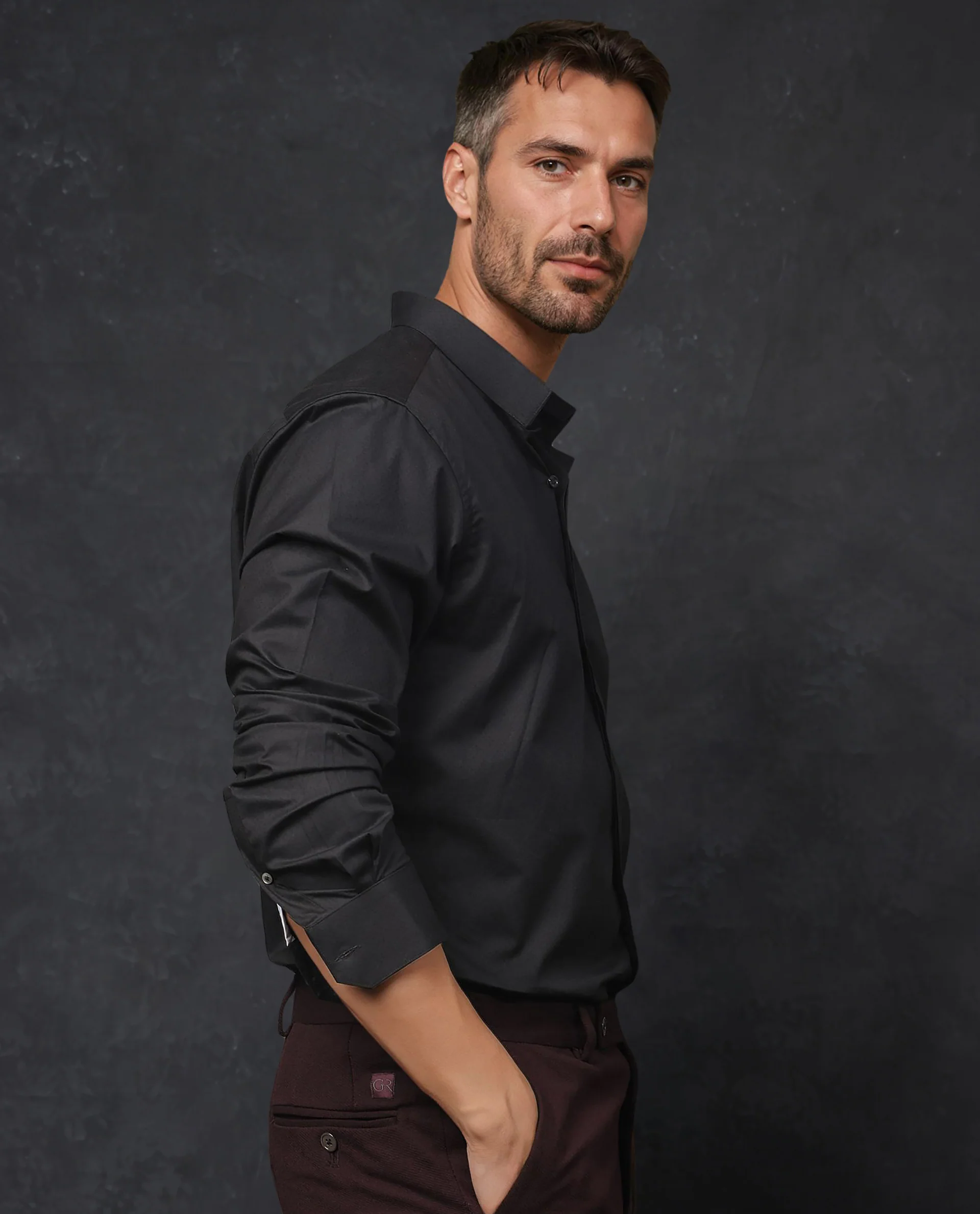 Rare Rabbit Men's Radon Black Cotton Plain Tailored Fit Full Sleeve Mandarin Collar Shirt - Image 7