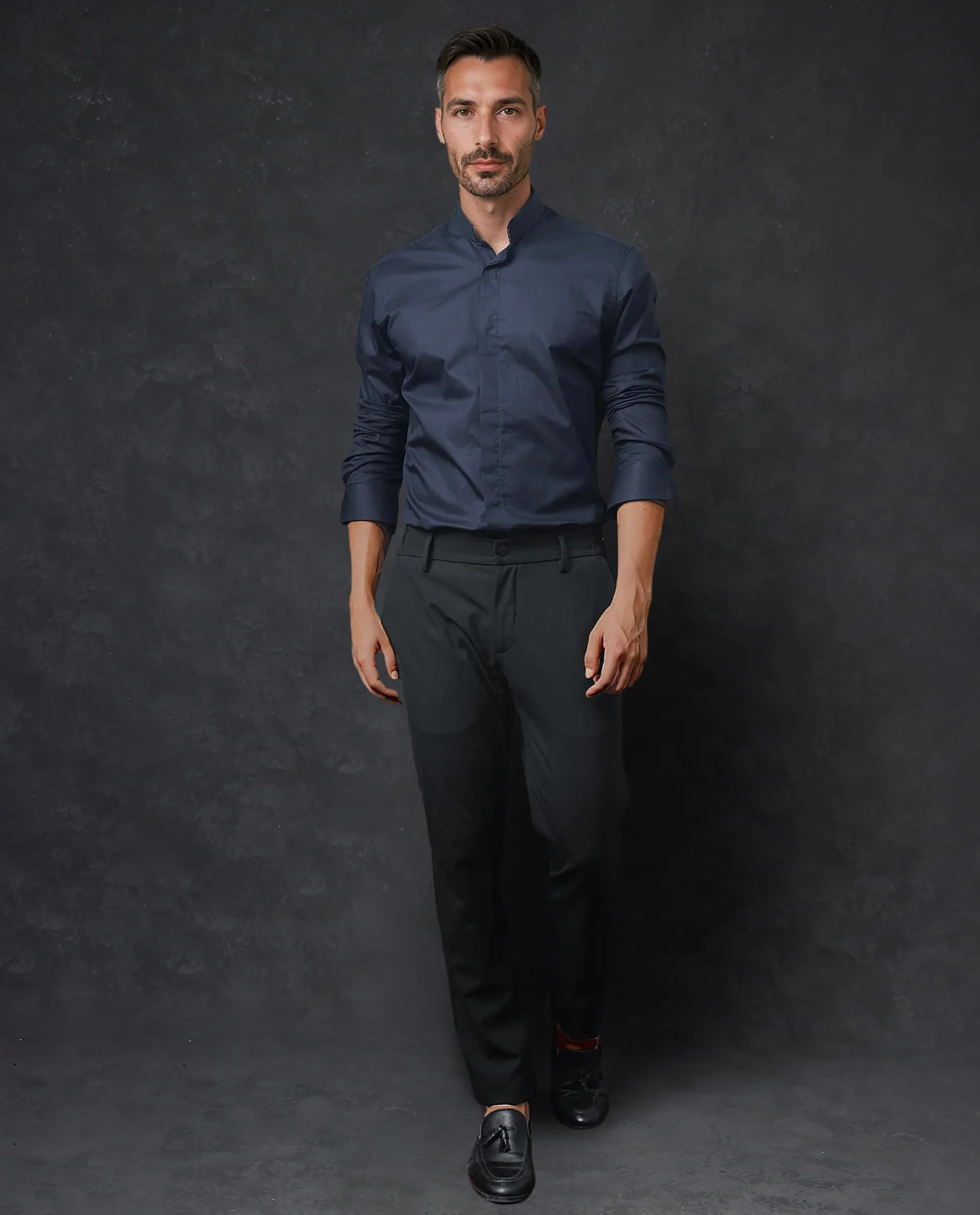 Rare Rabbit Men's Radon Navy Cotton Plain Tailored Fit Full Sleeve Mandarin Collar Shirt - Image 2
