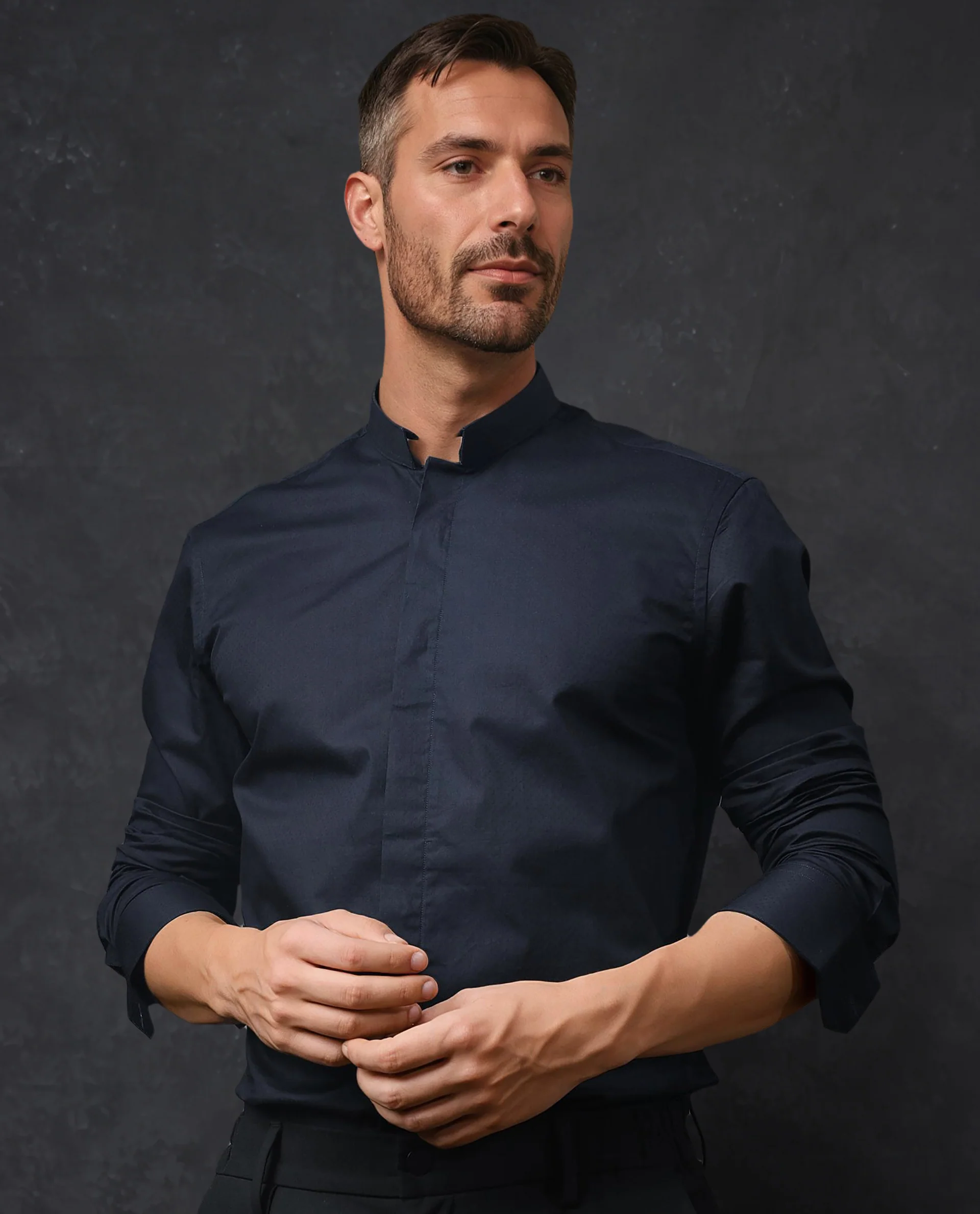 Rare Rabbit Men's Radon Navy Cotton Plain Tailored Fit Full Sleeve Mandarin Collar Shirt - Image 5