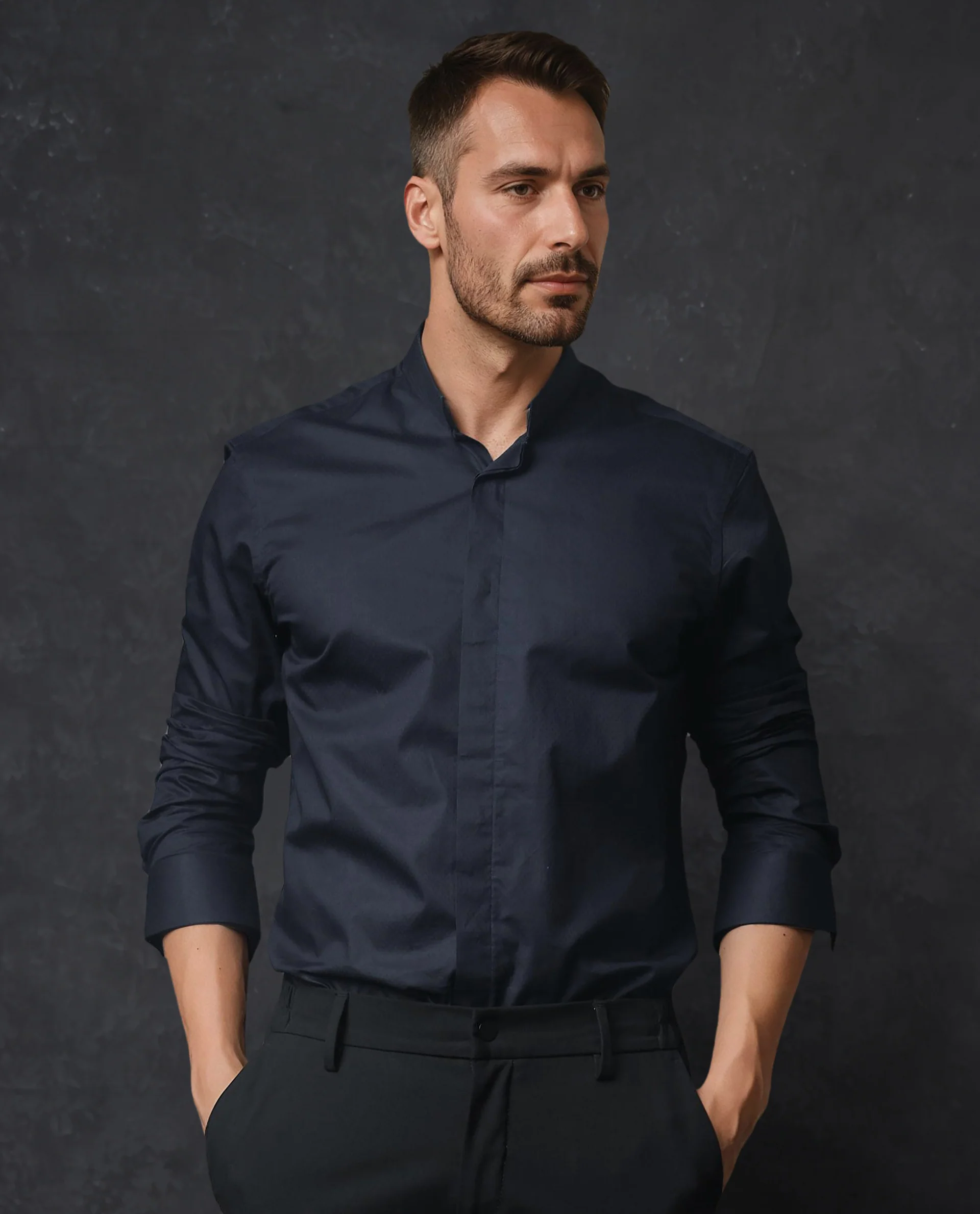 Rare Rabbit Men's Radon Navy Cotton Plain Tailored Fit Full Sleeve Mandarin Collar Shirt - Image 6