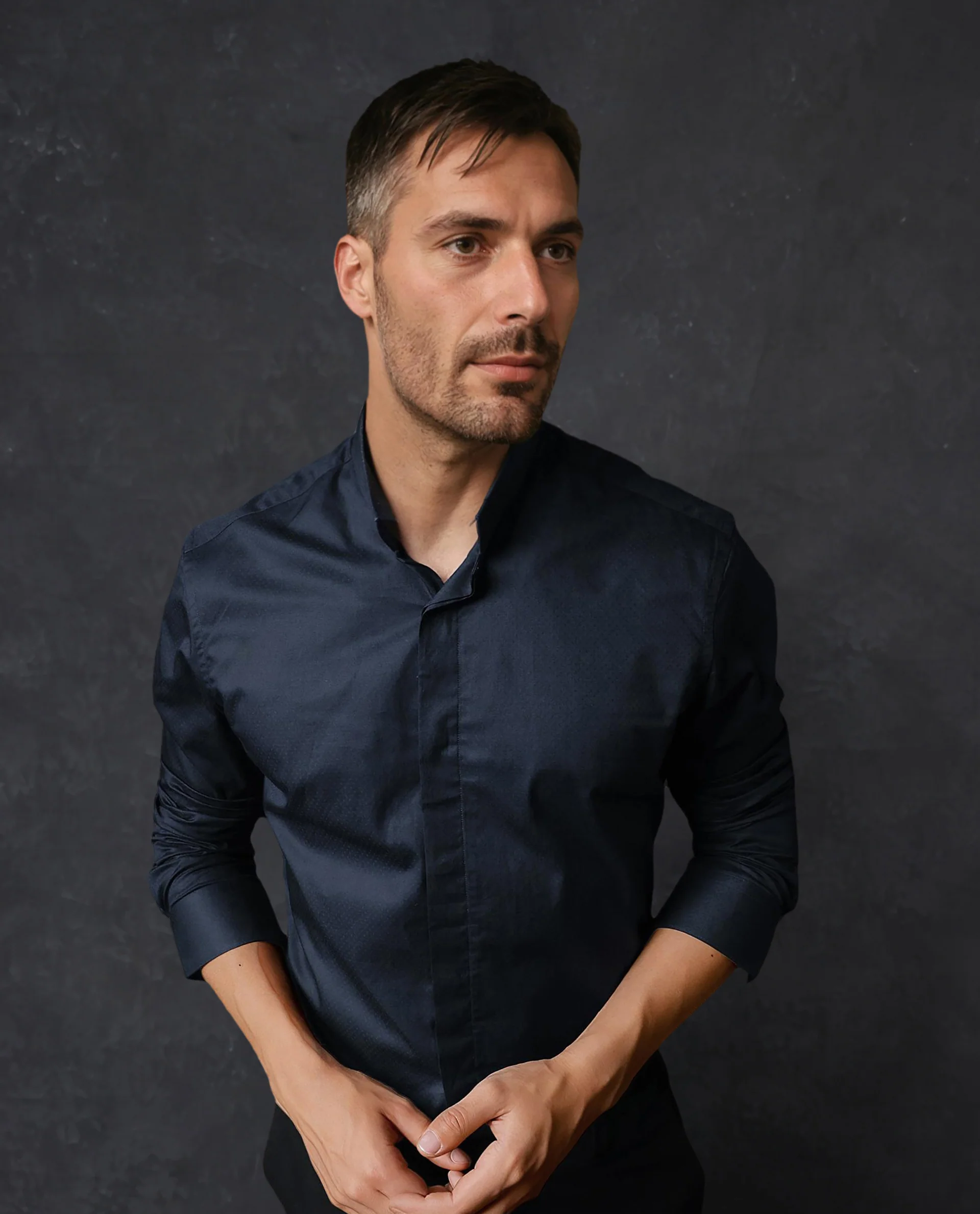 Rare Rabbit Men's Radon Navy Cotton Plain Tailored Fit Full Sleeve Mandarin Collar Shirt - Image 8