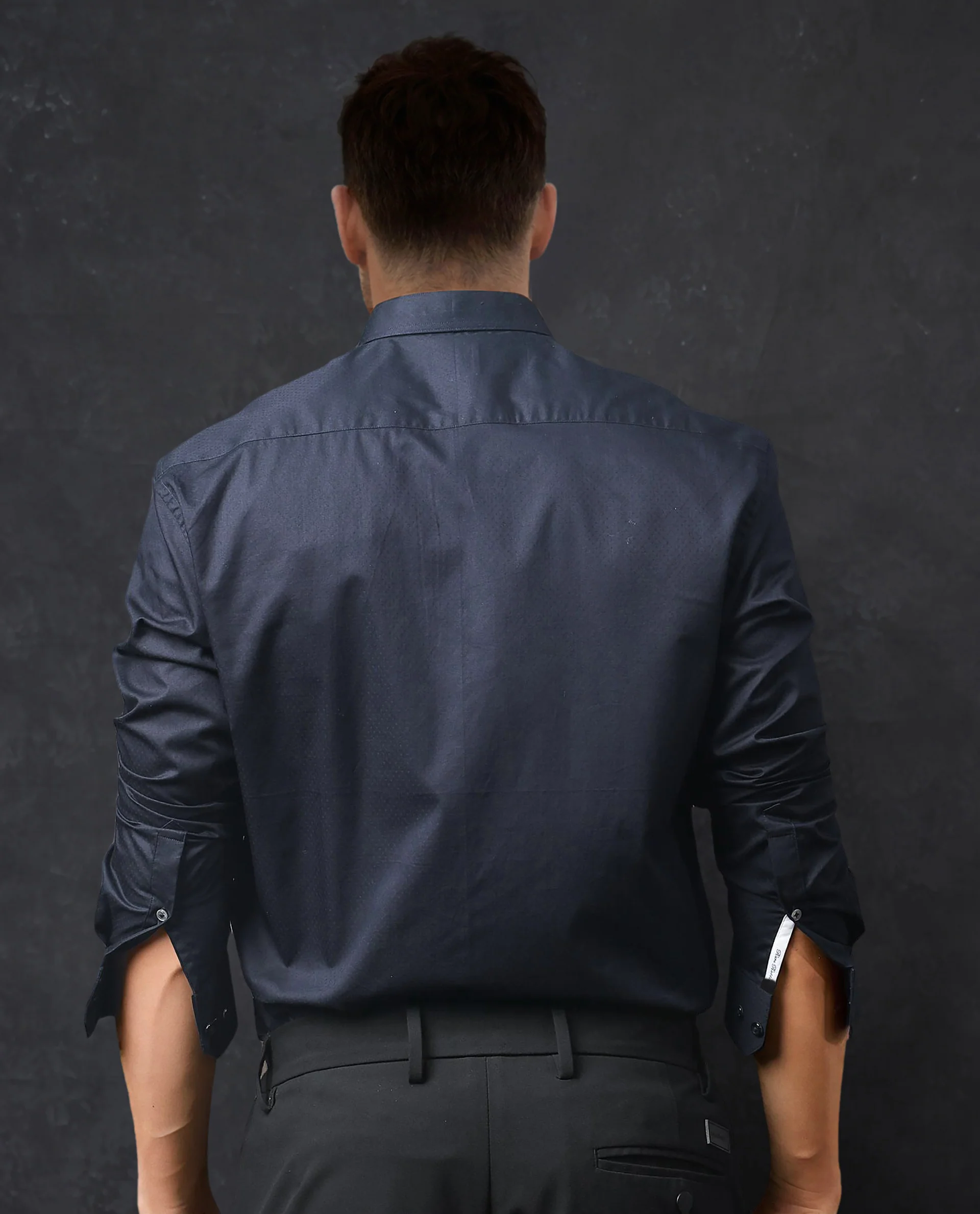 Rare Rabbit Men's Radon Navy Cotton Plain Tailored Fit Full Sleeve Mandarin Collar Shirt - Image 9