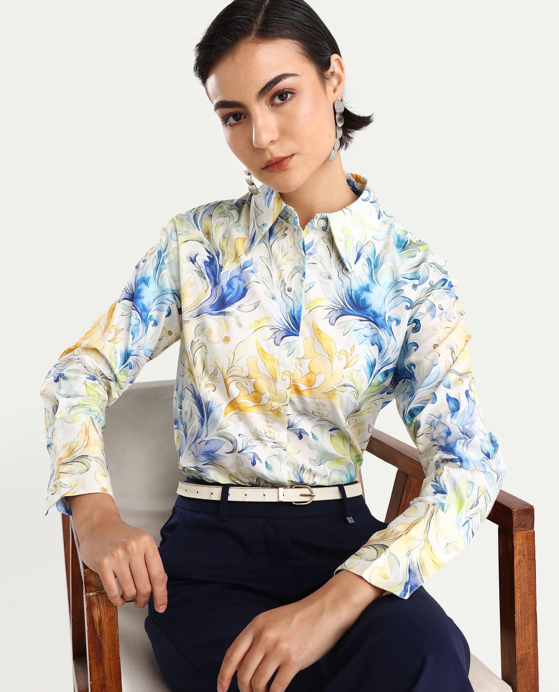 Rareism Women's Raenice Pastrel Multi Cotton Blend Drop Collar Abstract Print Cuffed Sleeve Regular Fit Top