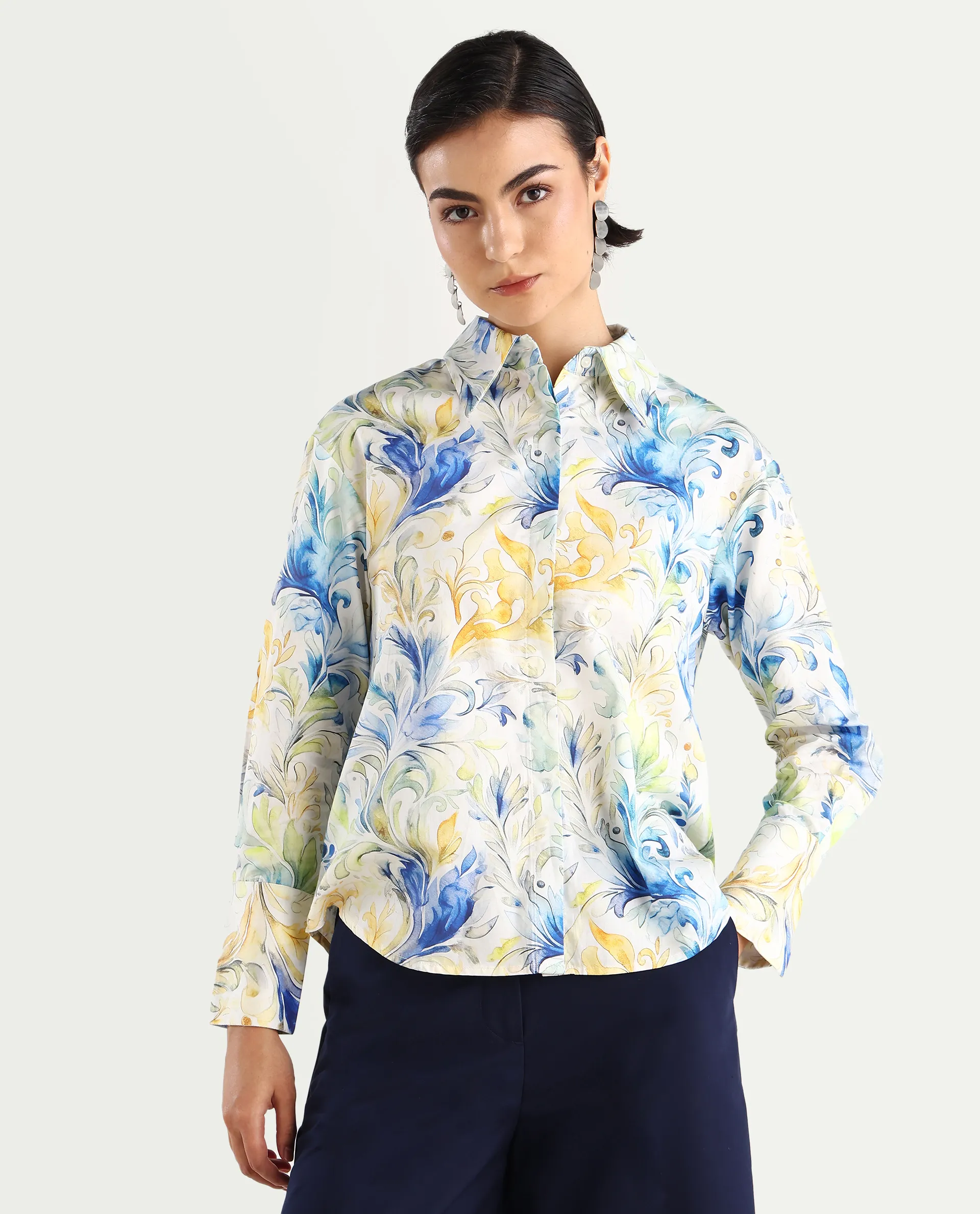 Rareism Women's Raenice Pastrel Multi Cotton Blend Drop Collar Abstract Print Cuffed Sleeve Regular Fit Top - Image 3