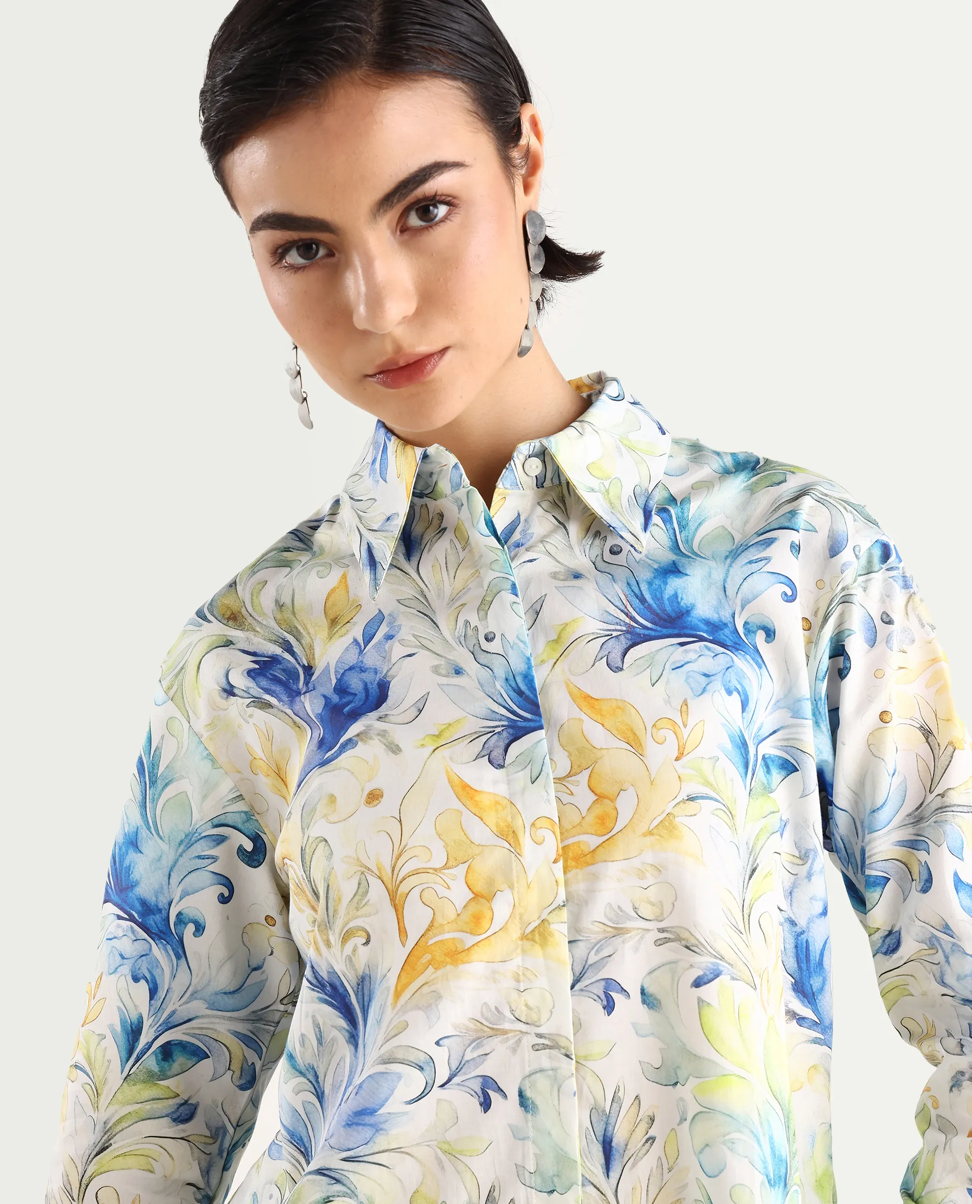Rareism Women's Raenice Pastrel Multi Cotton Blend Drop Collar Abstract Print Cuffed Sleeve Regular Fit Top - Image 4