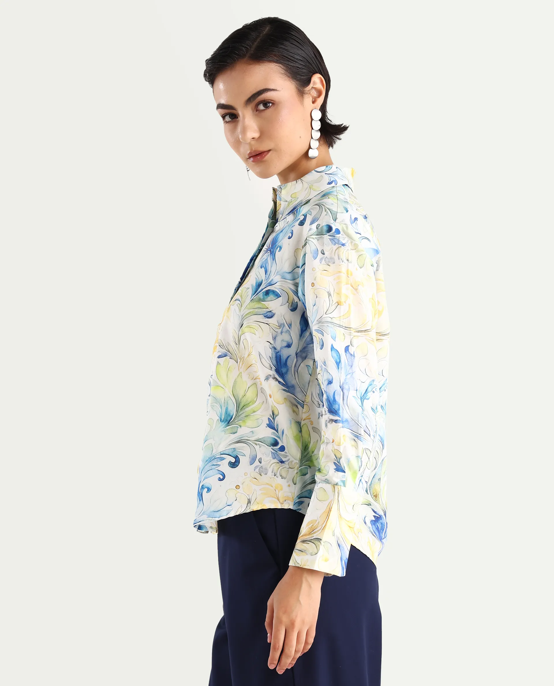 Rareism Women's Raenice Pastrel Multi Cotton Blend Drop Collar Abstract Print Cuffed Sleeve Regular Fit Top - Image 6