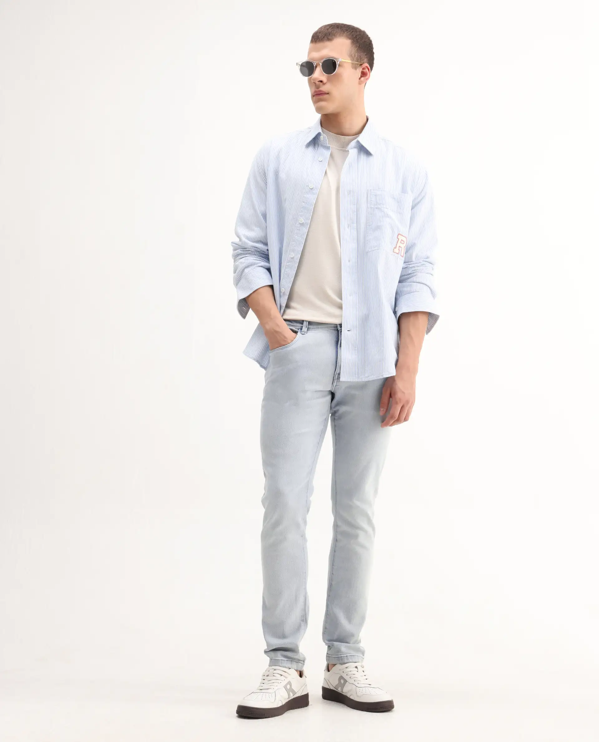 Rare Rabbit Men's Rafail Light Blue Cotton Blend Plain Hawk Slim Fit Jeans