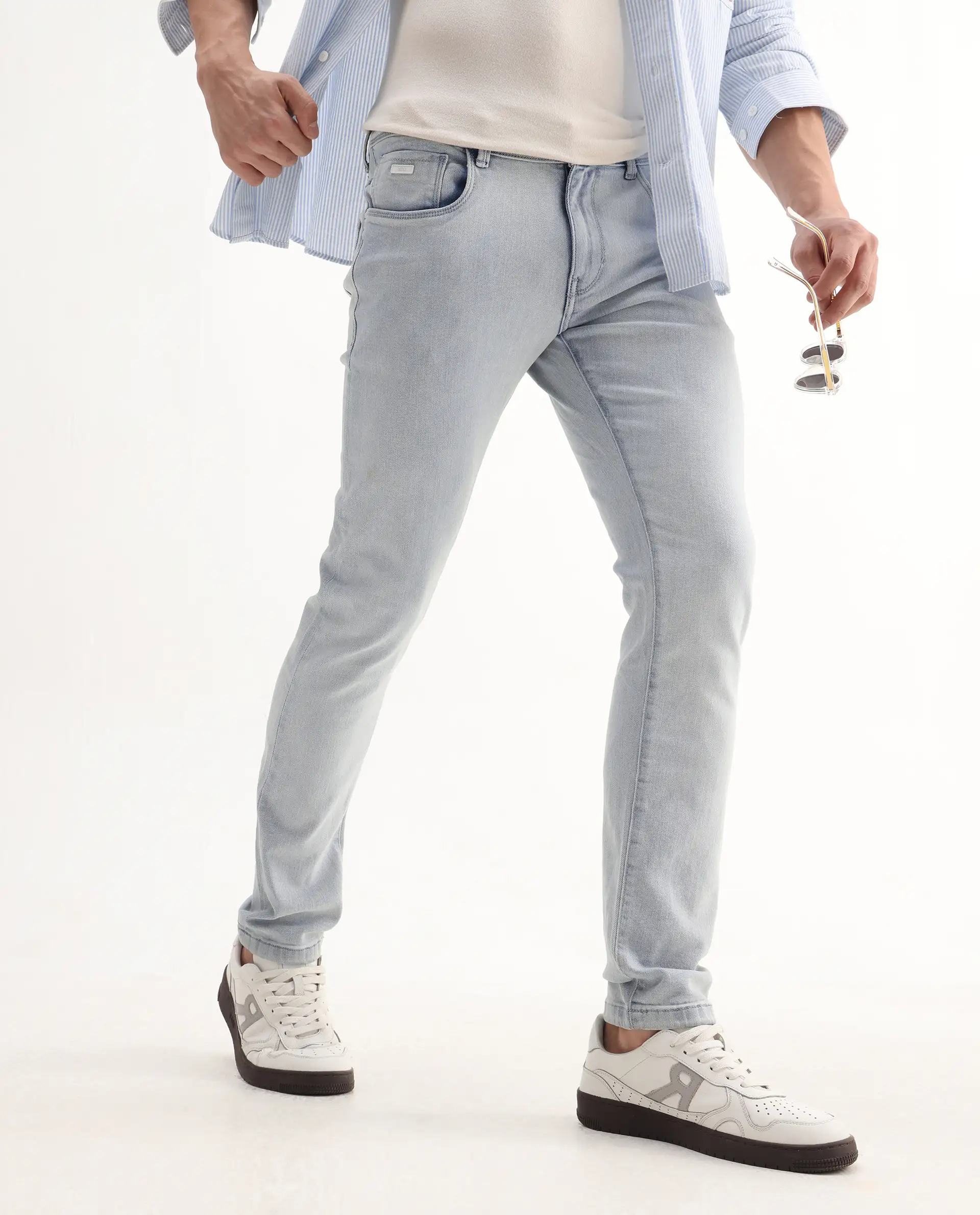 Rare Rabbit Men's Rafail Light Blue Cotton Blend Plain Hawk Slim Fit Jeans - Image 2