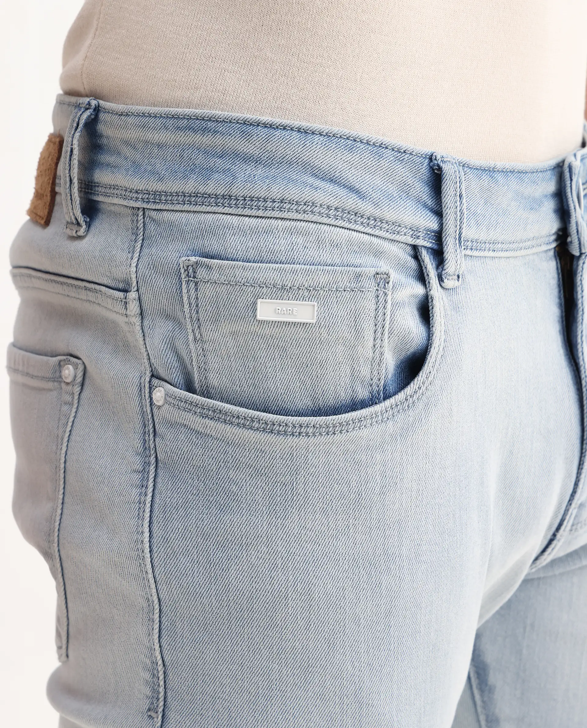 Rare Rabbit Men's Rafail Light Blue Cotton Blend Plain Hawk Slim Fit Jeans - Image 5