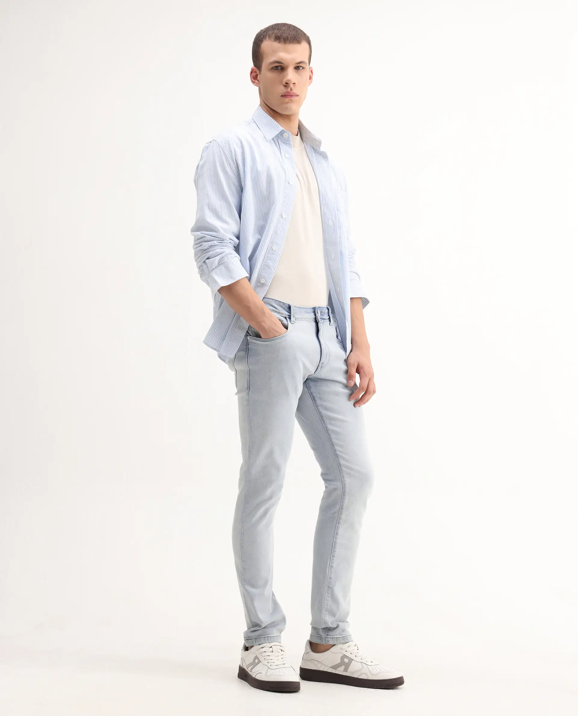Rare Rabbit Men's Rafail Light Blue Cotton Blend Plain Hawk Slim Fit Jeans - Image 7