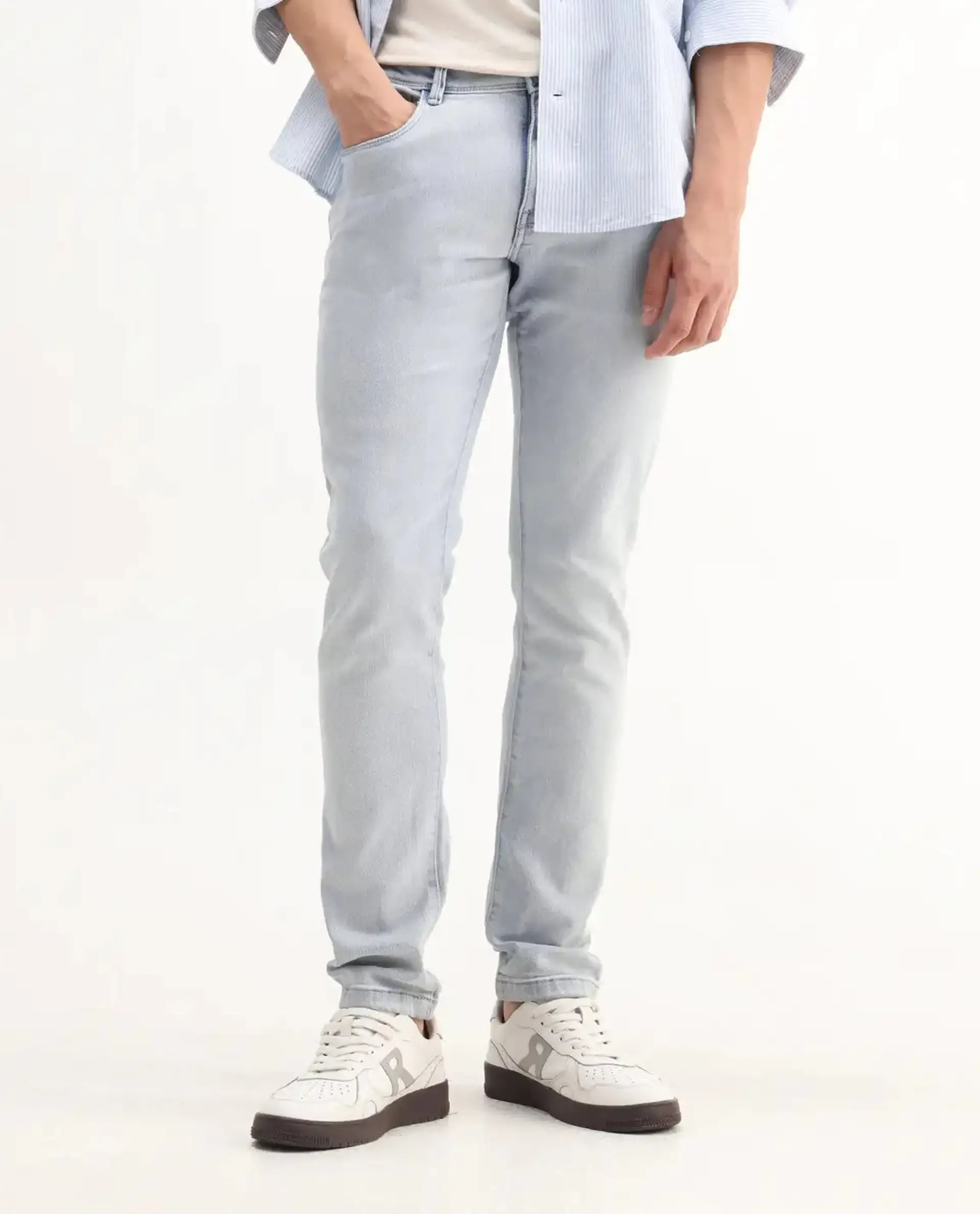 Rare Rabbit Men's Rafail Light Blue Cotton Blend Plain Hawk Slim Fit Jeans - Image 8